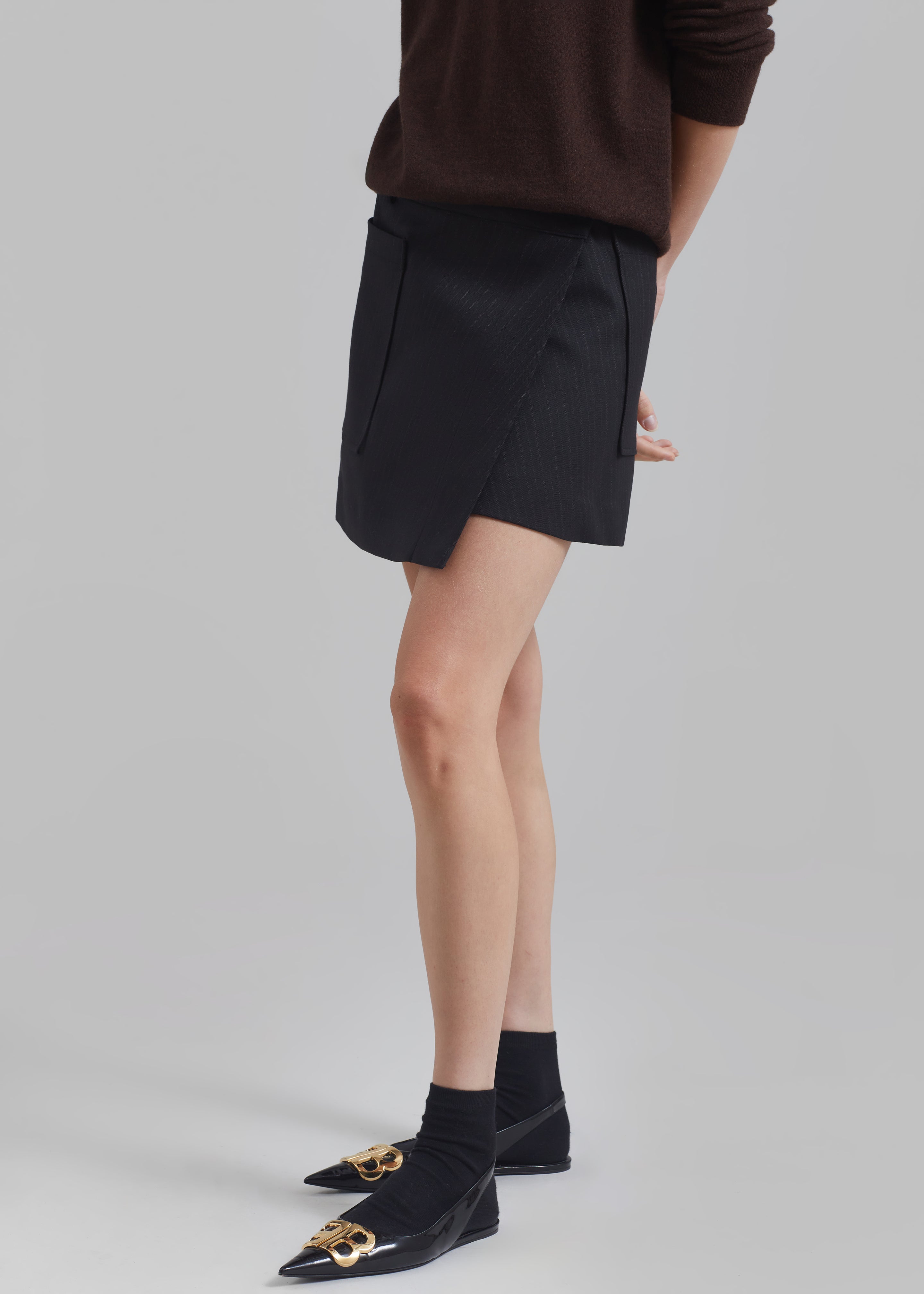 Aris Wrap Mini Skirt - Black Pinstripe - 5