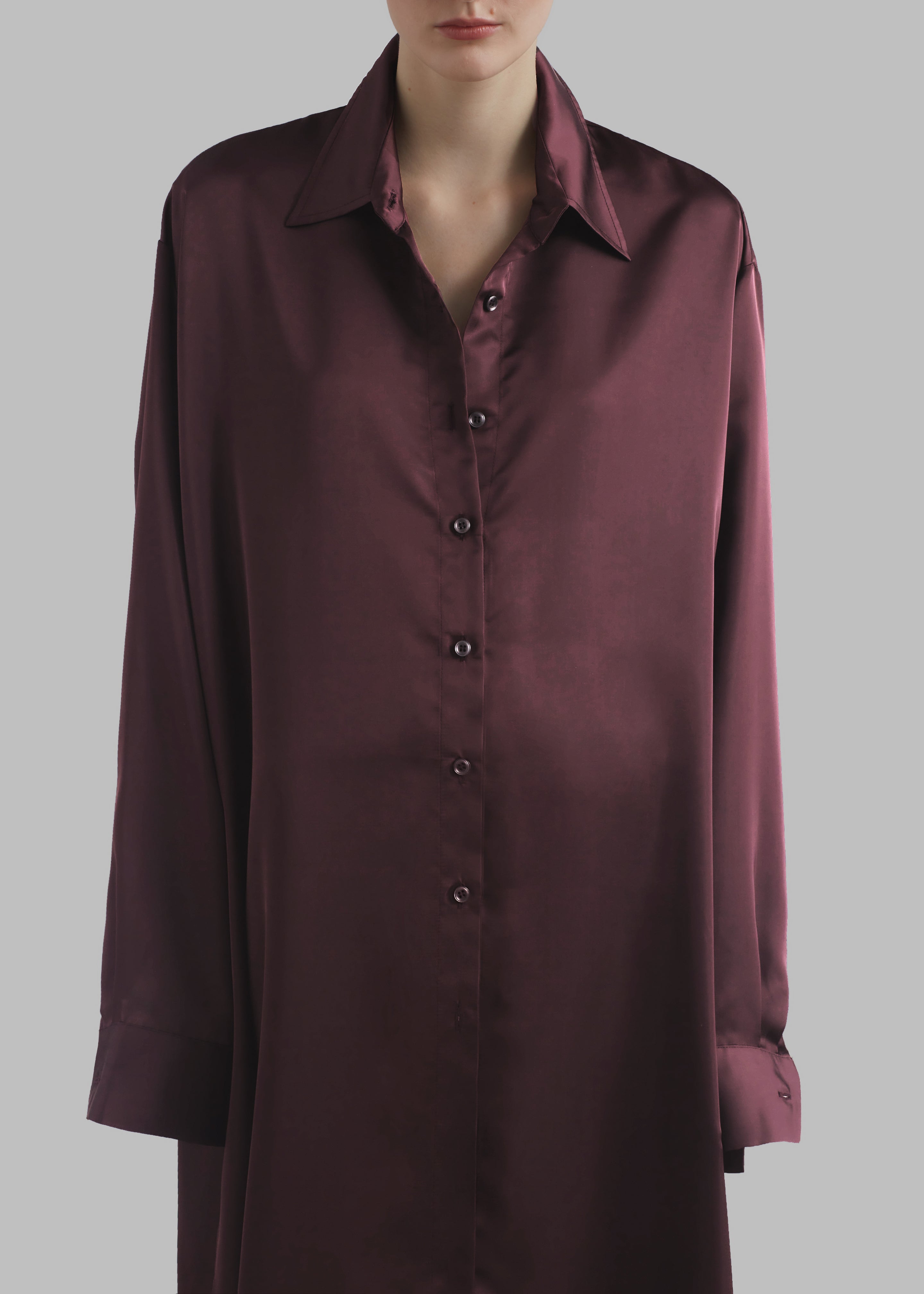 Avery Satin Shirt Dress - Burgundy - 5