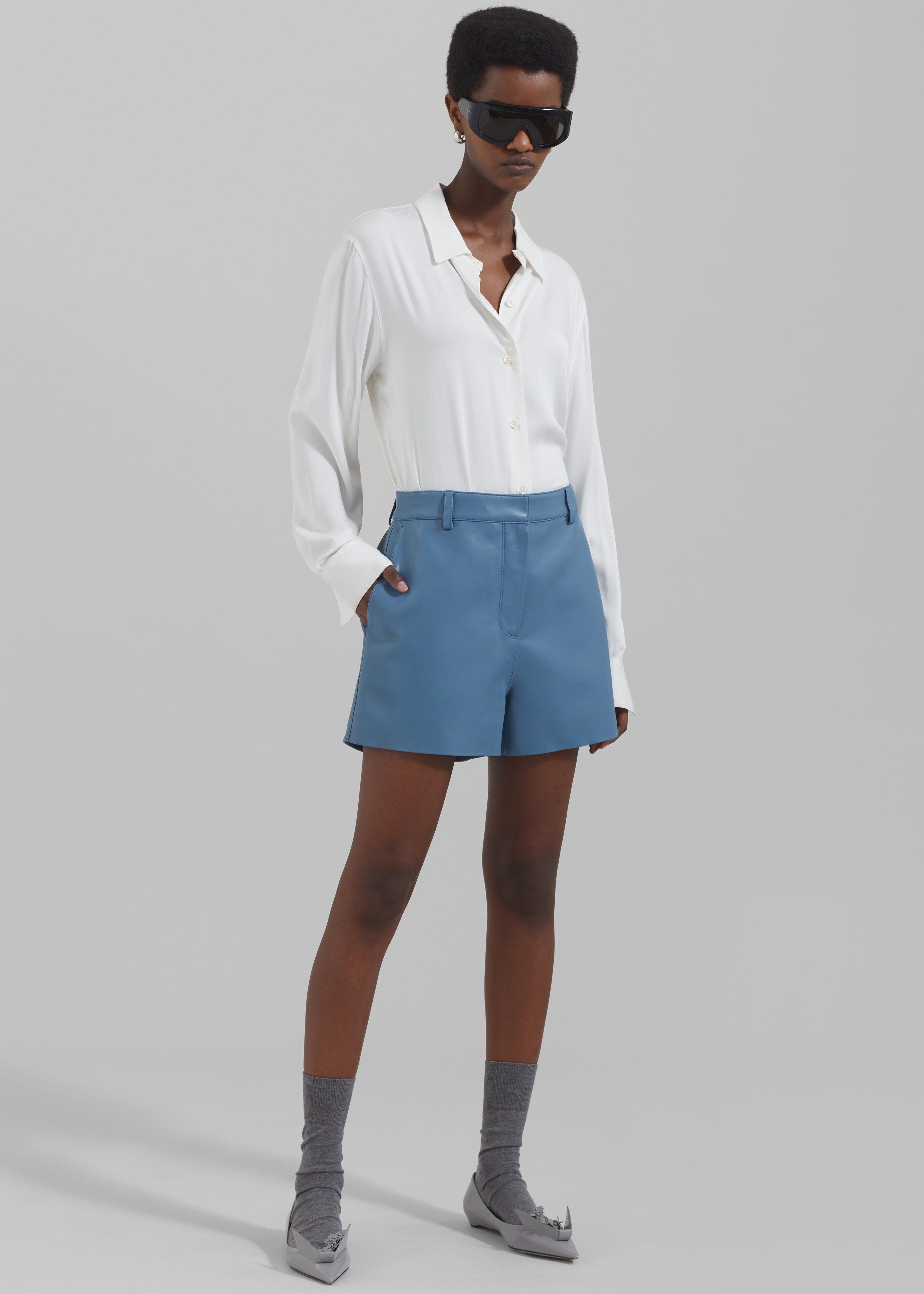 Cassie Faux Leather Mini Shorts - Blue - 7