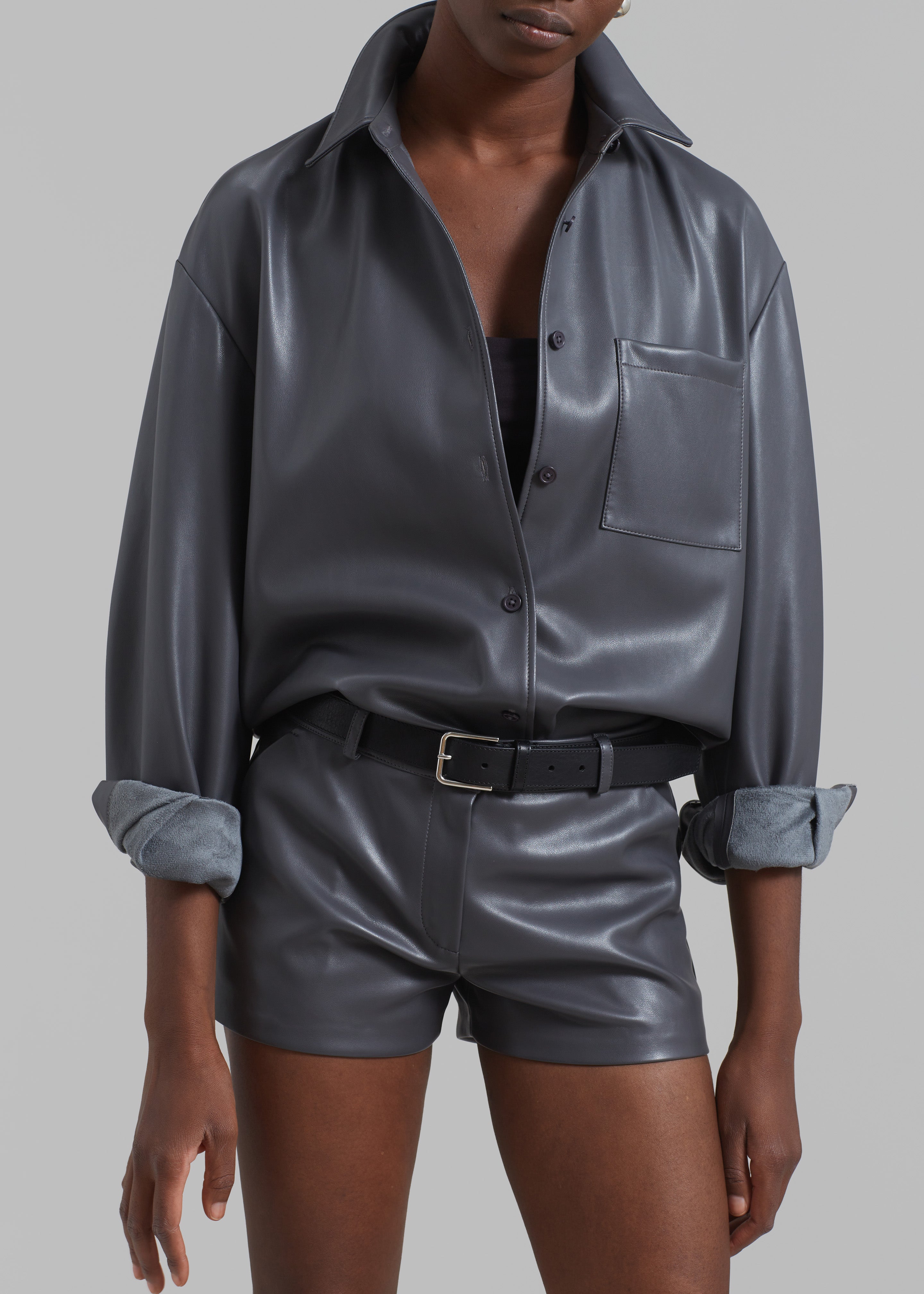 Chrissie Faux Leather Shirt - Grey - 3