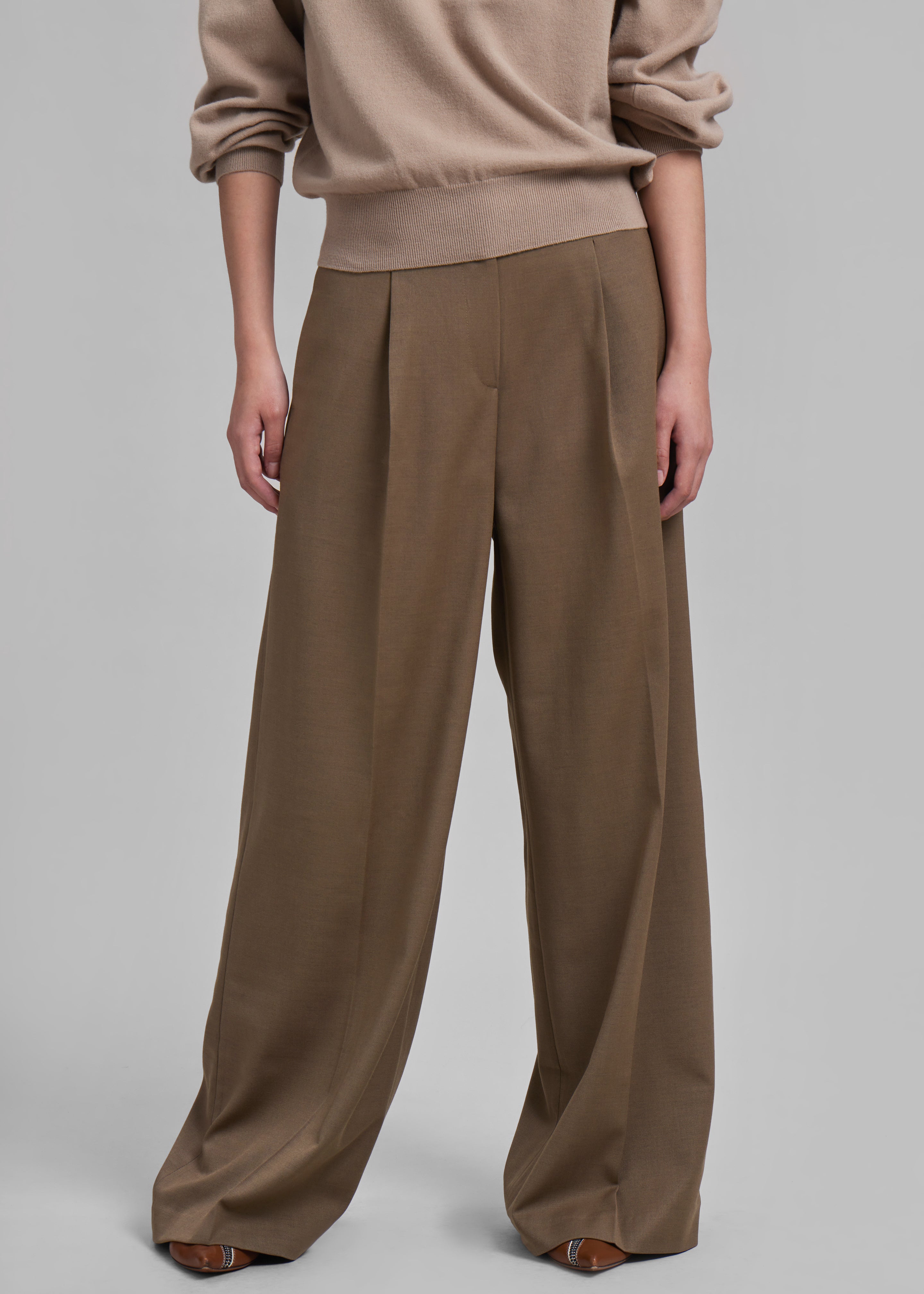 PLEATED COTTON - LINEN PANTS - taupe brown