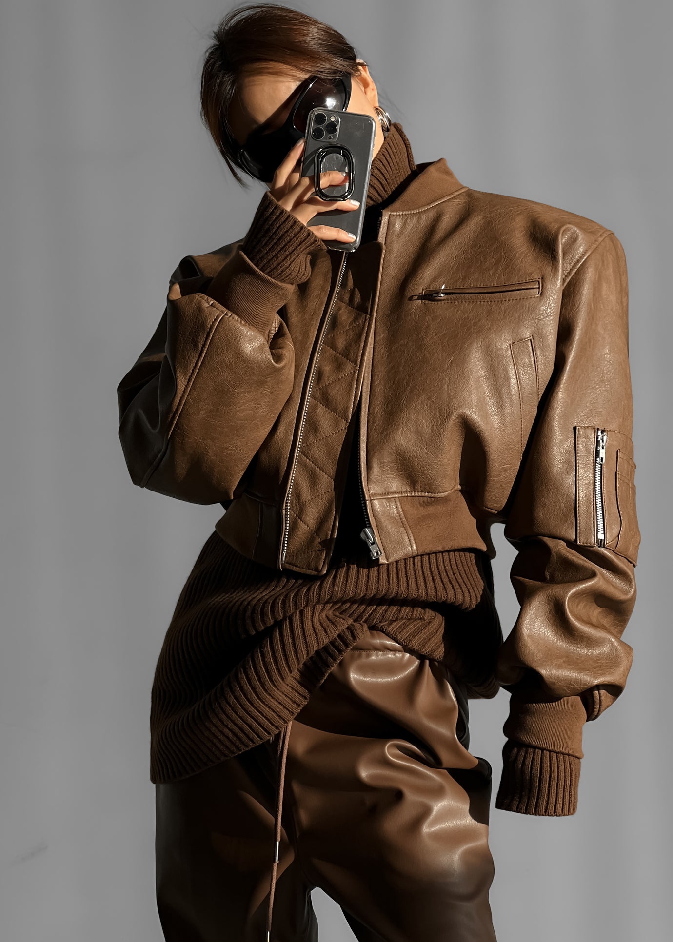 Gae Faux Leather Cropped Bomber - Brown