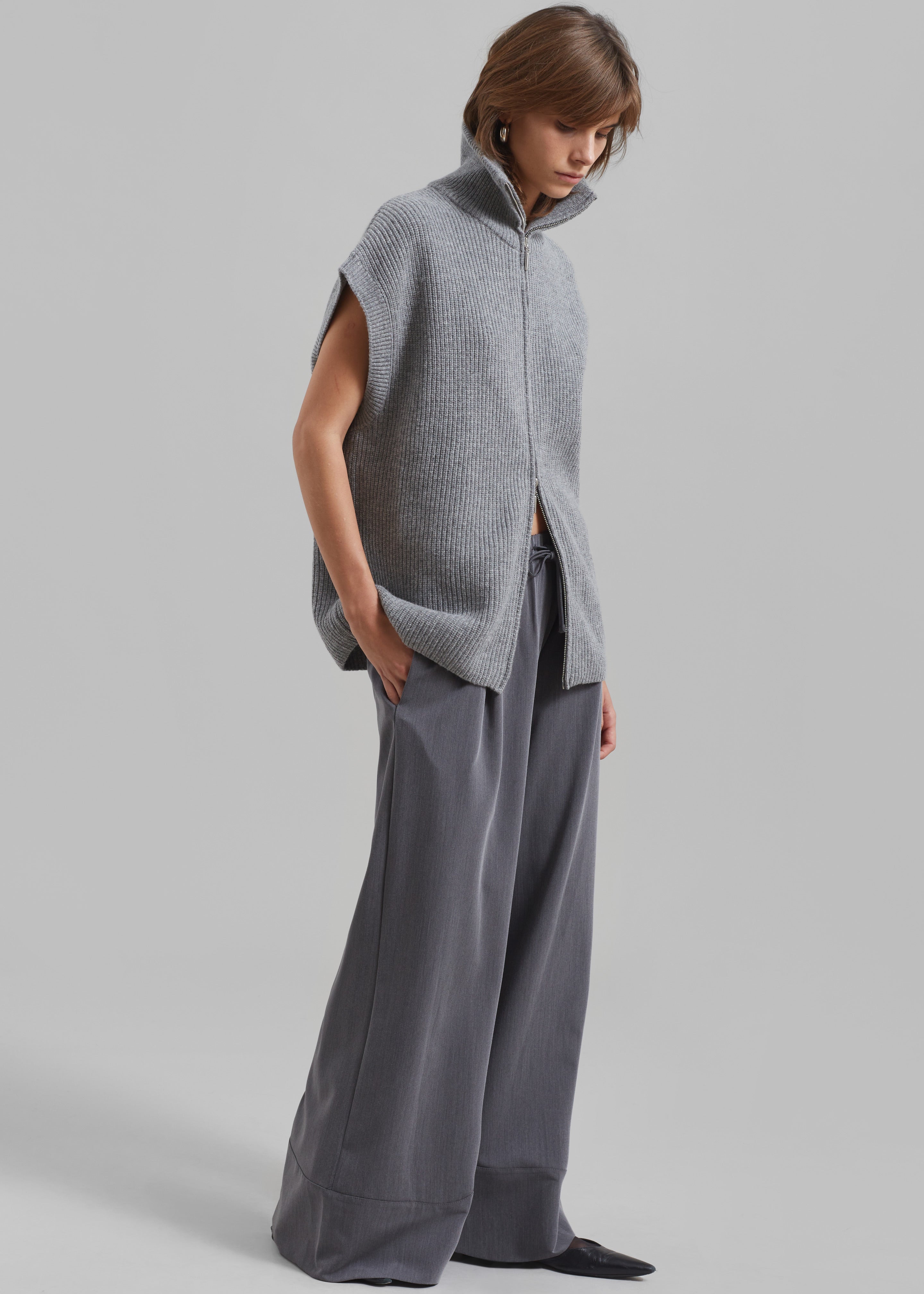 Wide Leg Pleated Drawstring Pant - Grey Wool
