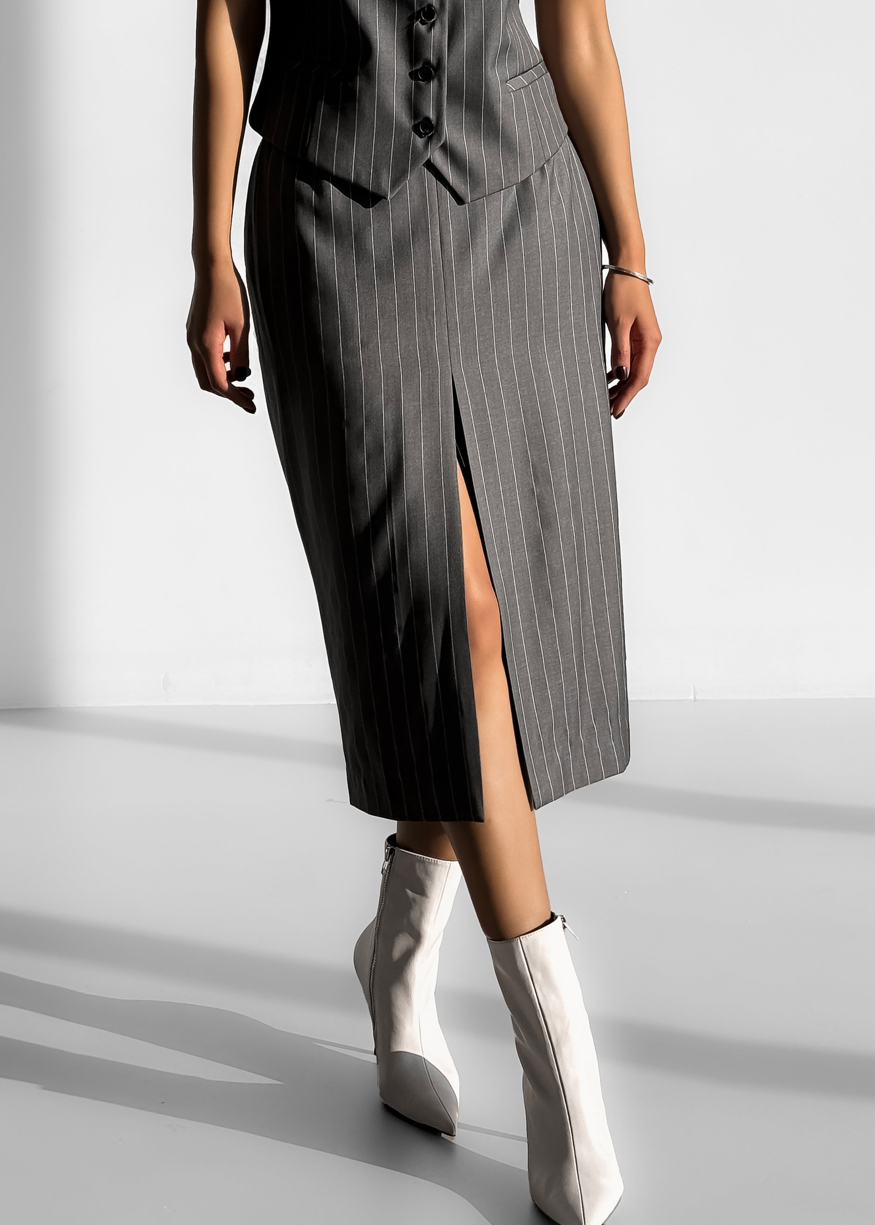 Holland Midi Slit Skirt - Charcoal/White Pinstripe - 2
