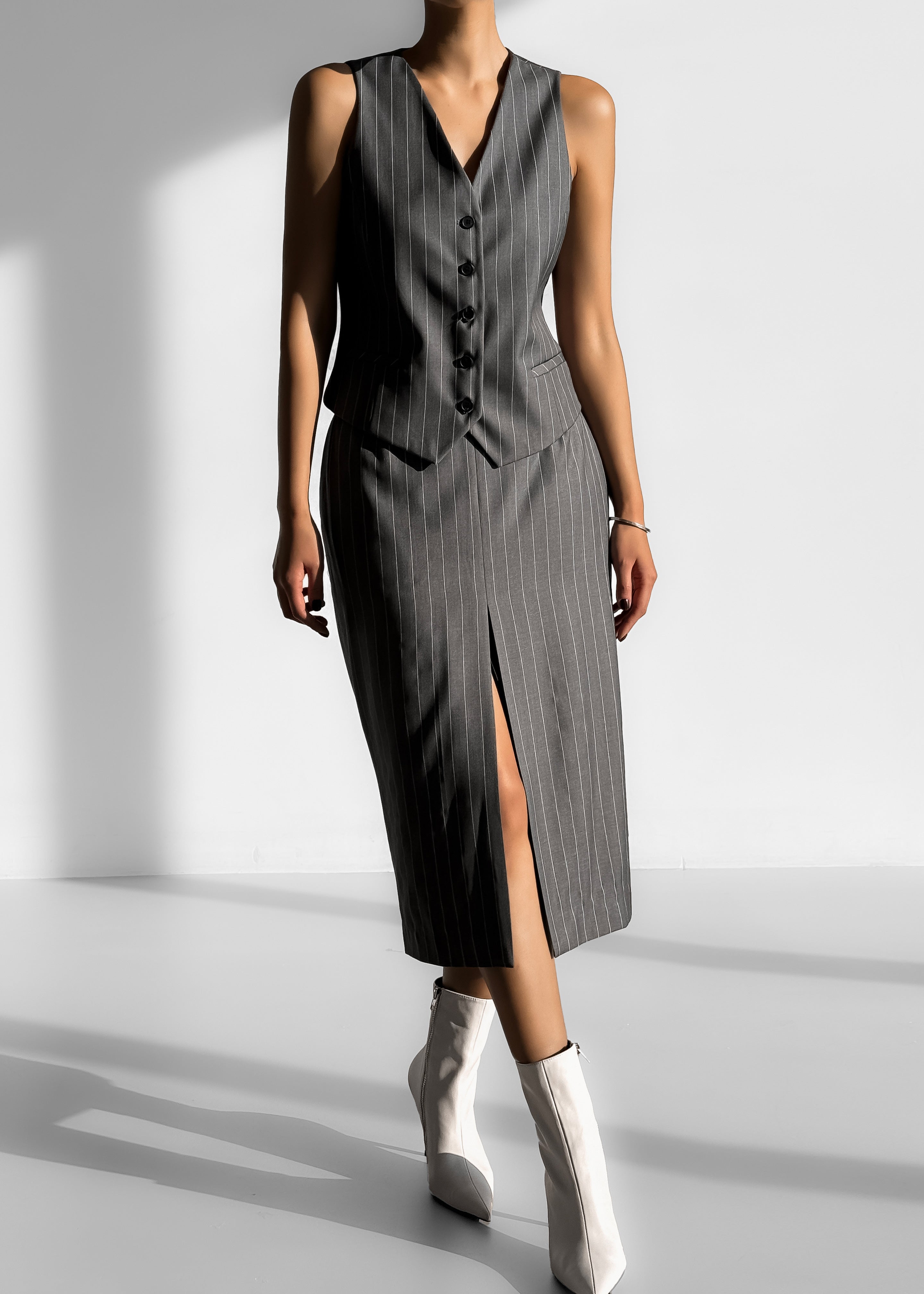 Holland Midi Slit Skirt - Charcoal/White Pinstripe - 4