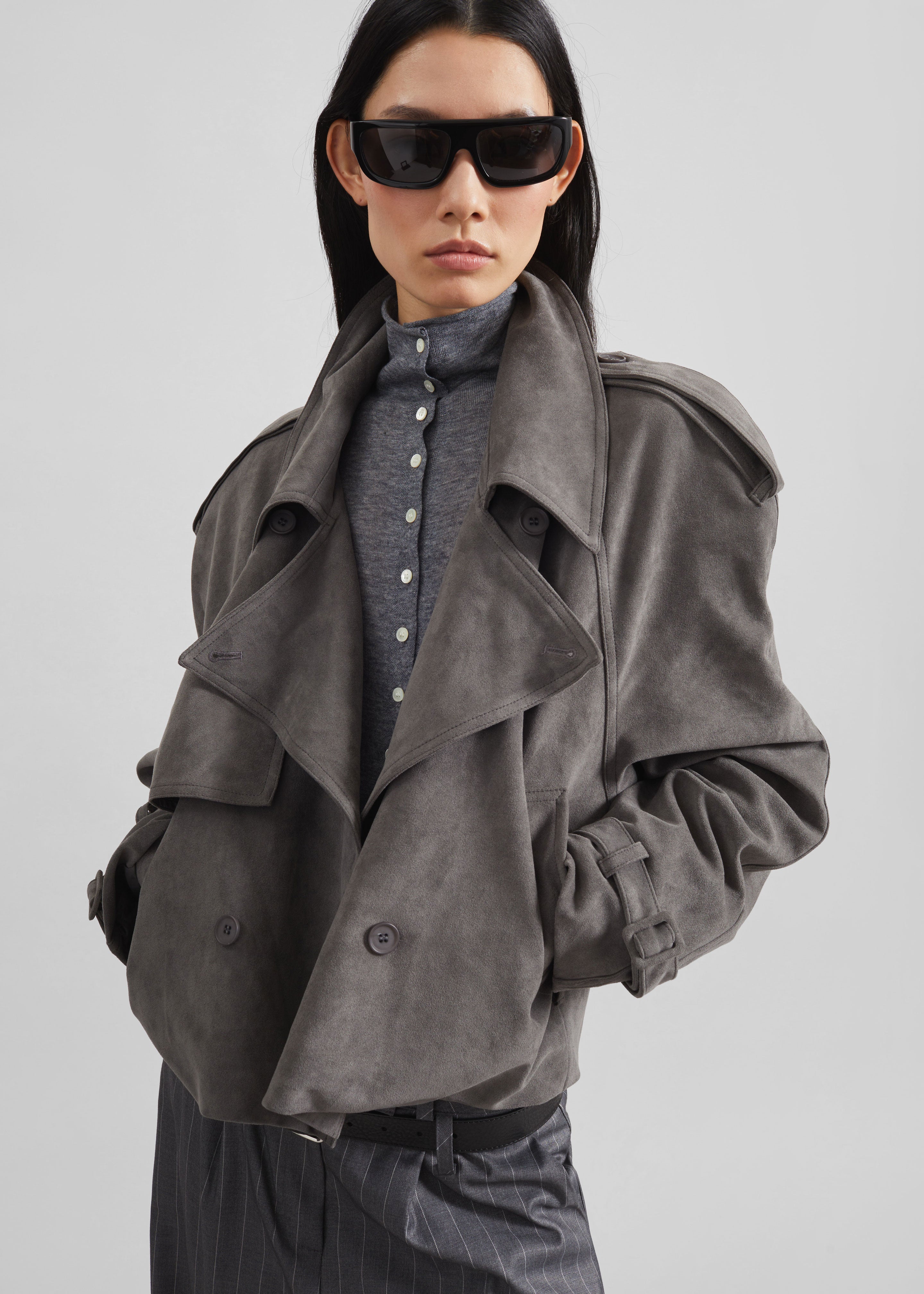 Islington Faux Suede Cropped Trench - Grey – The Frankie Shop