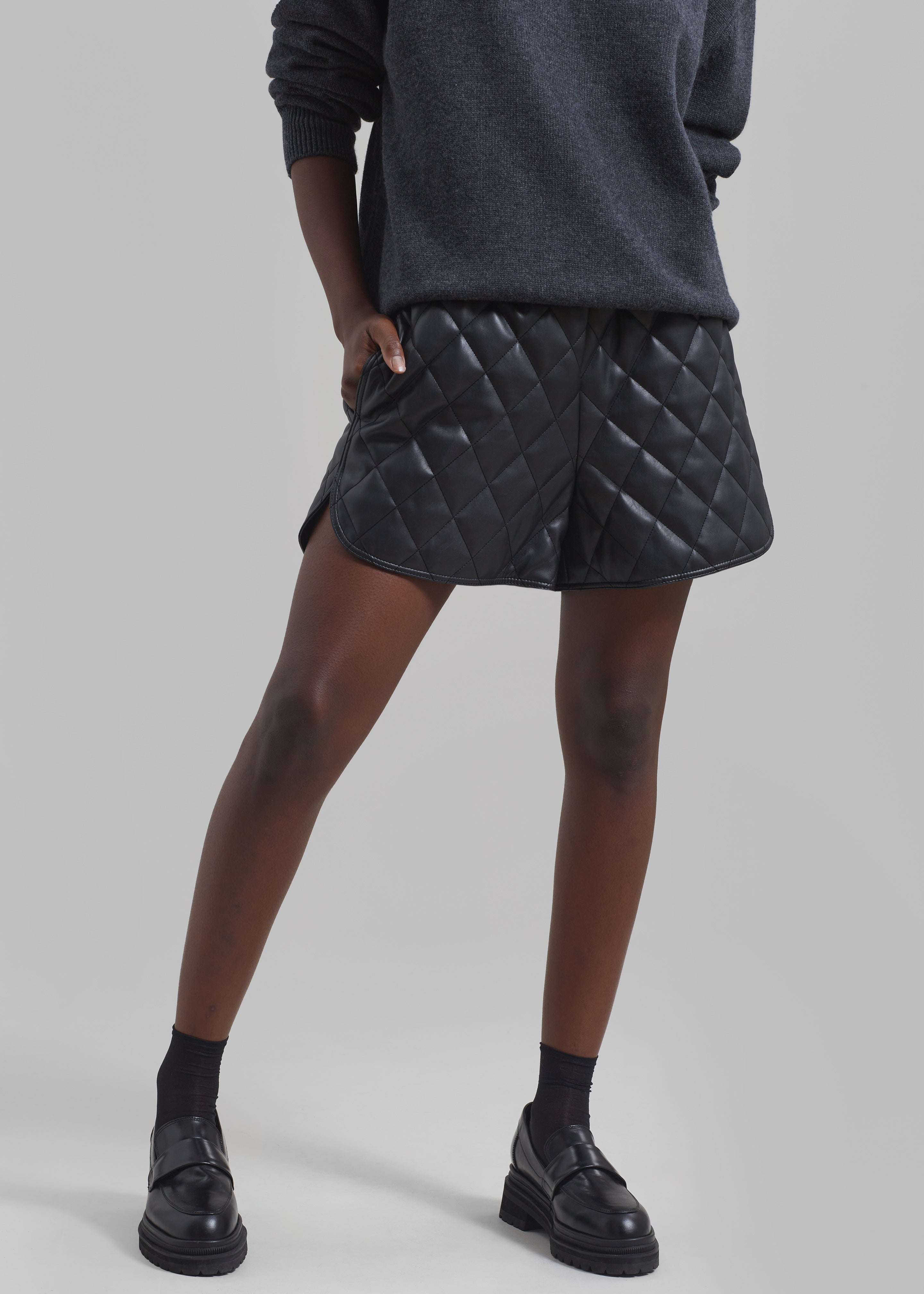 Kingston Faux Leather Quilted Shorts - Black - 1