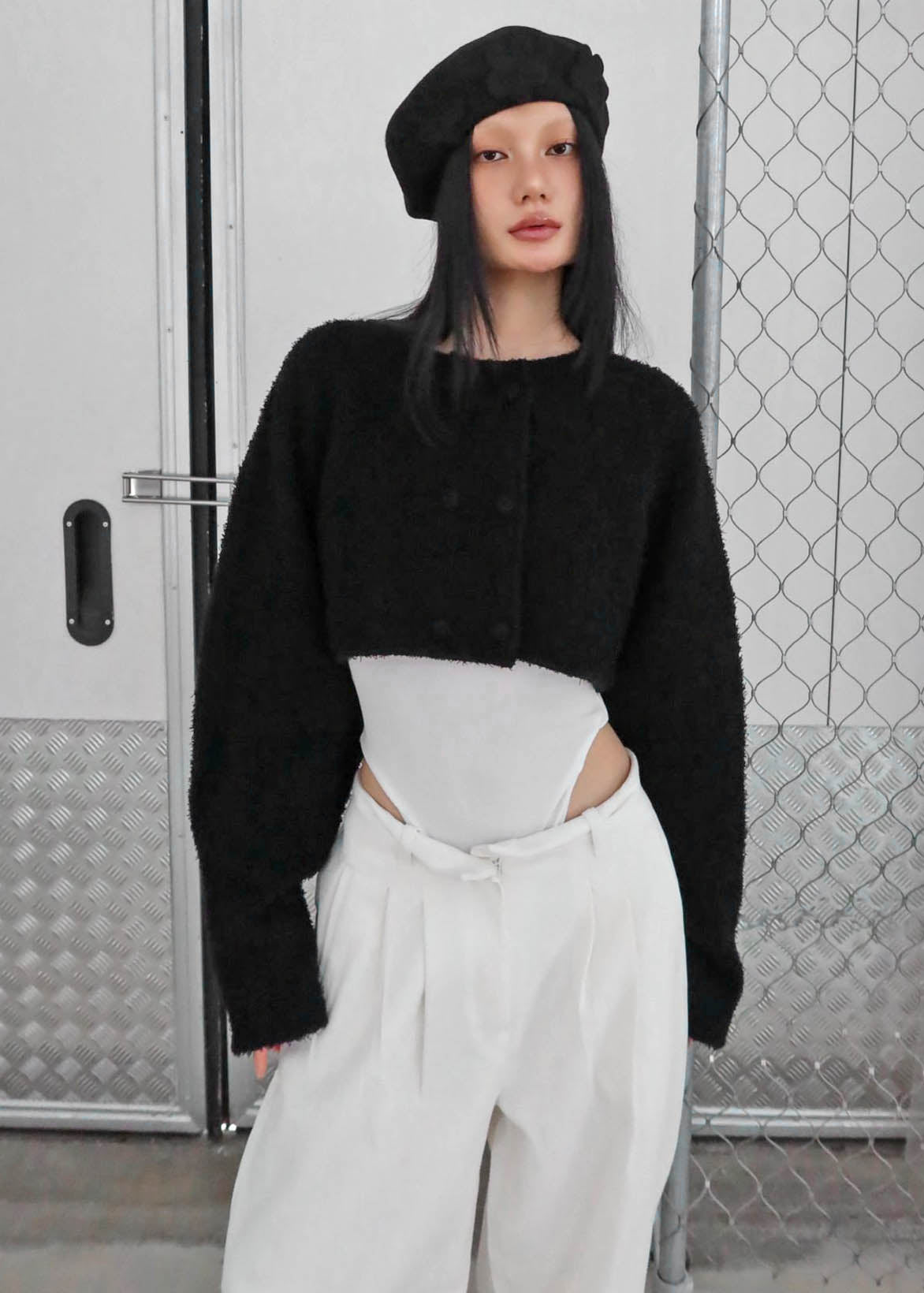 ジャケット・アウター CuLLt Monotone Keyhole Cropped Blouson Womens Vegan Leather Jacket With Fur Trim Cropped Jacket Current