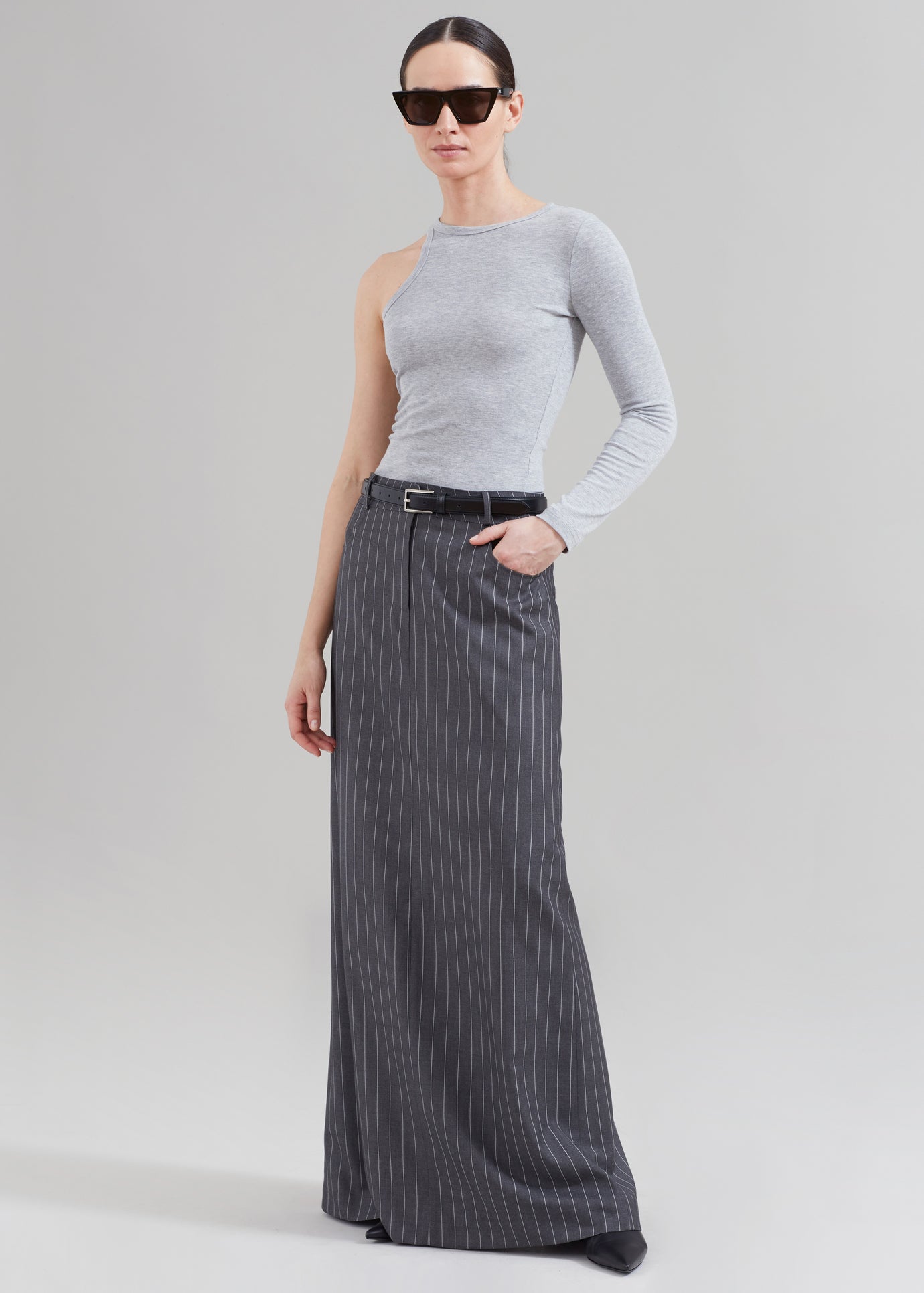 Malvo Long Pencil Skirt - Grey Pinstripe