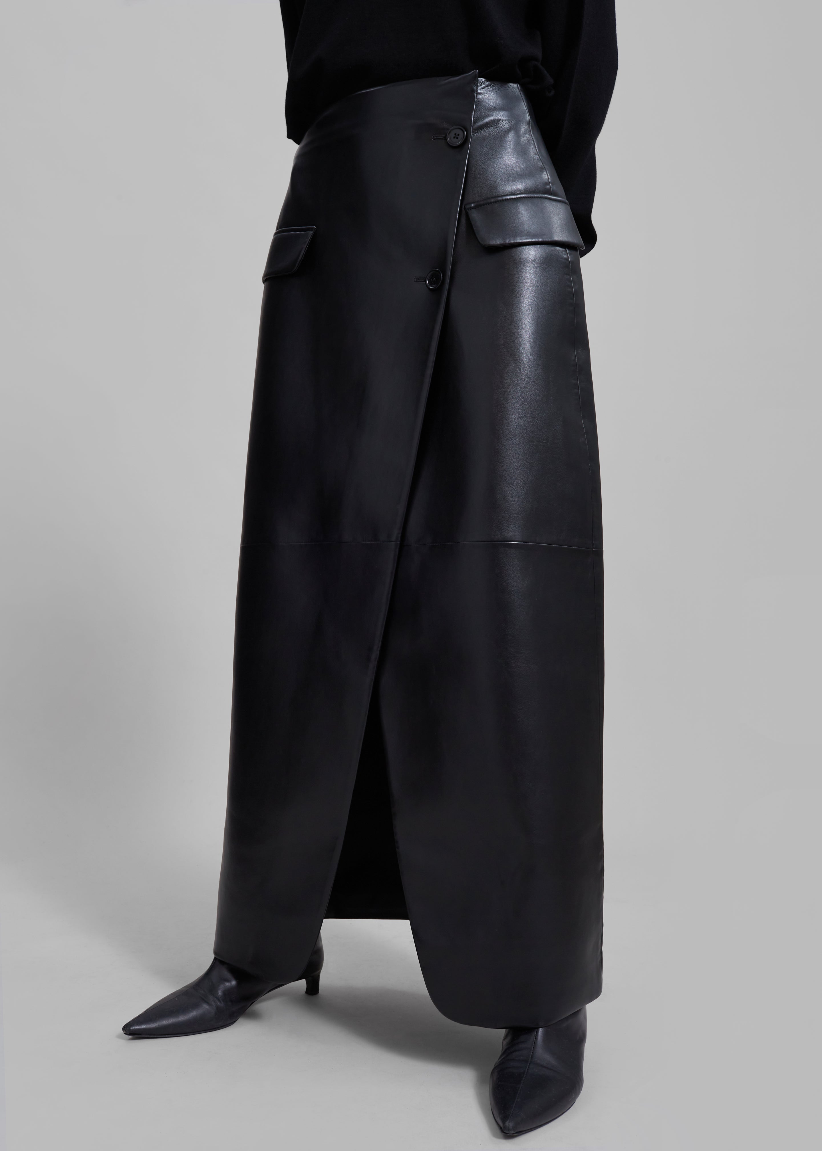 Nan Long Faux Leather Cross Skirt - Black - 2