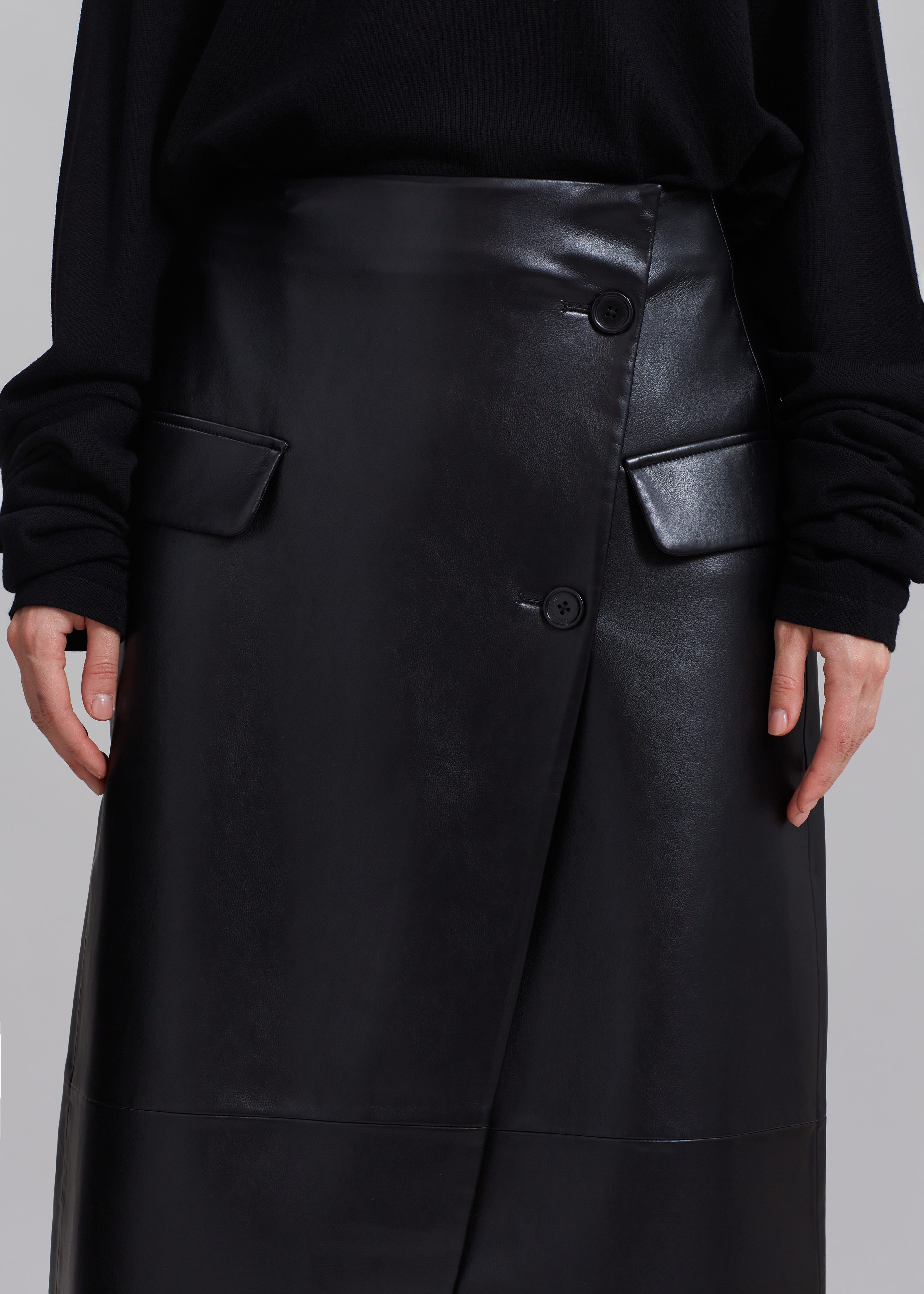 Nan Long Faux Leather Cross Skirt - Black - 3