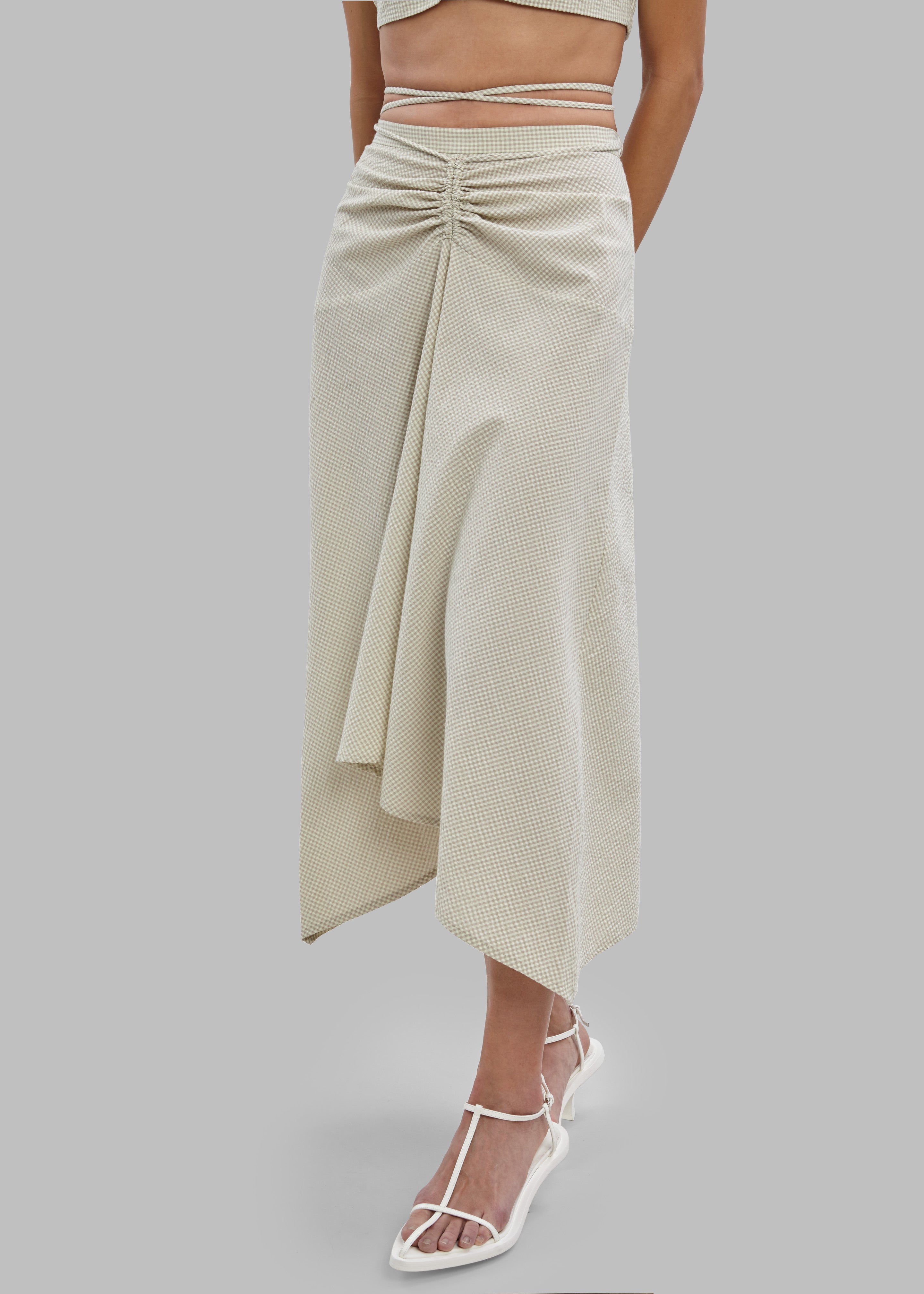 Cream Textured Ruched Front Midi Skirt, Womens Skirts