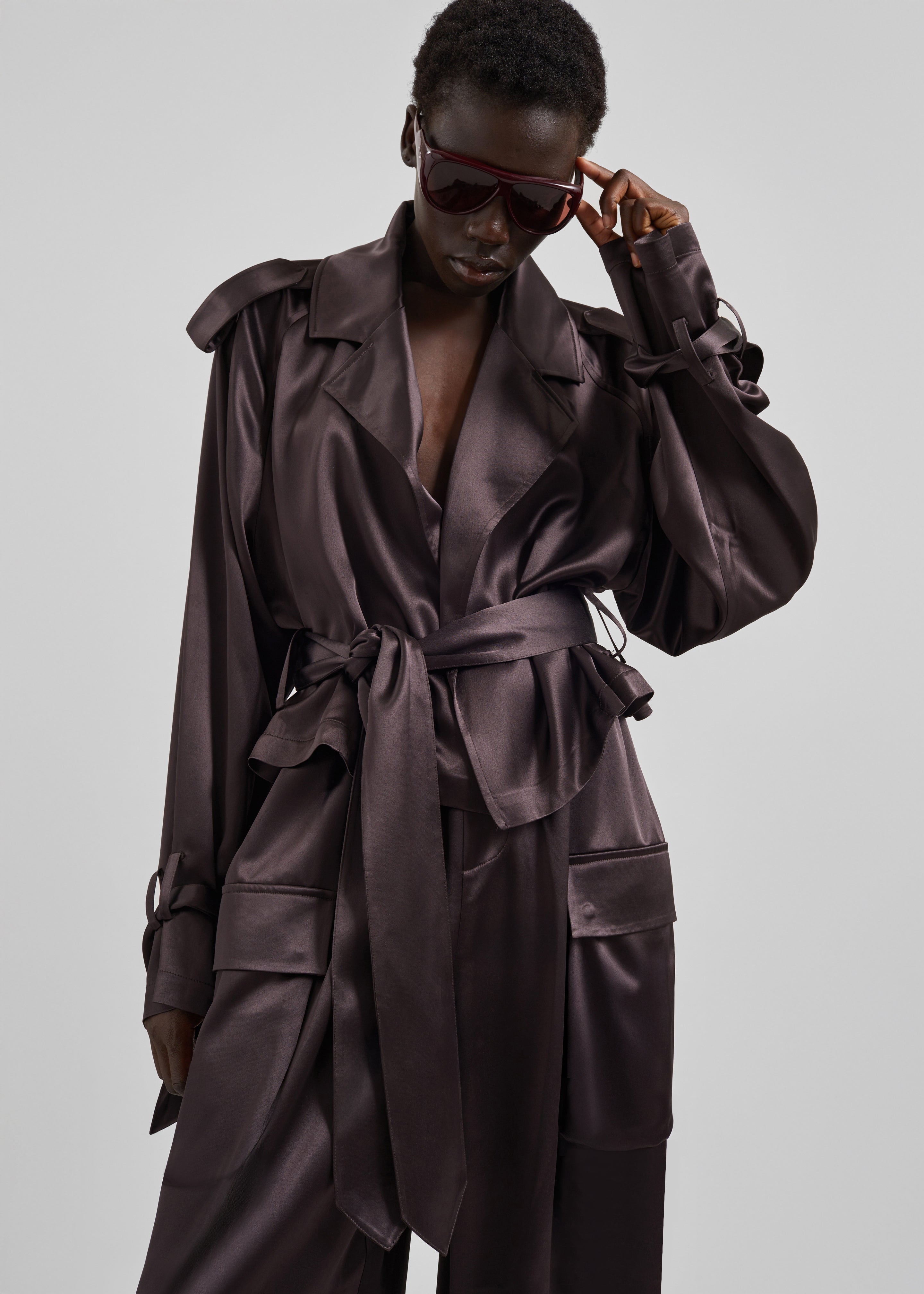 Simona Satin Short Trench - Dark Brown – The Frankie Shop