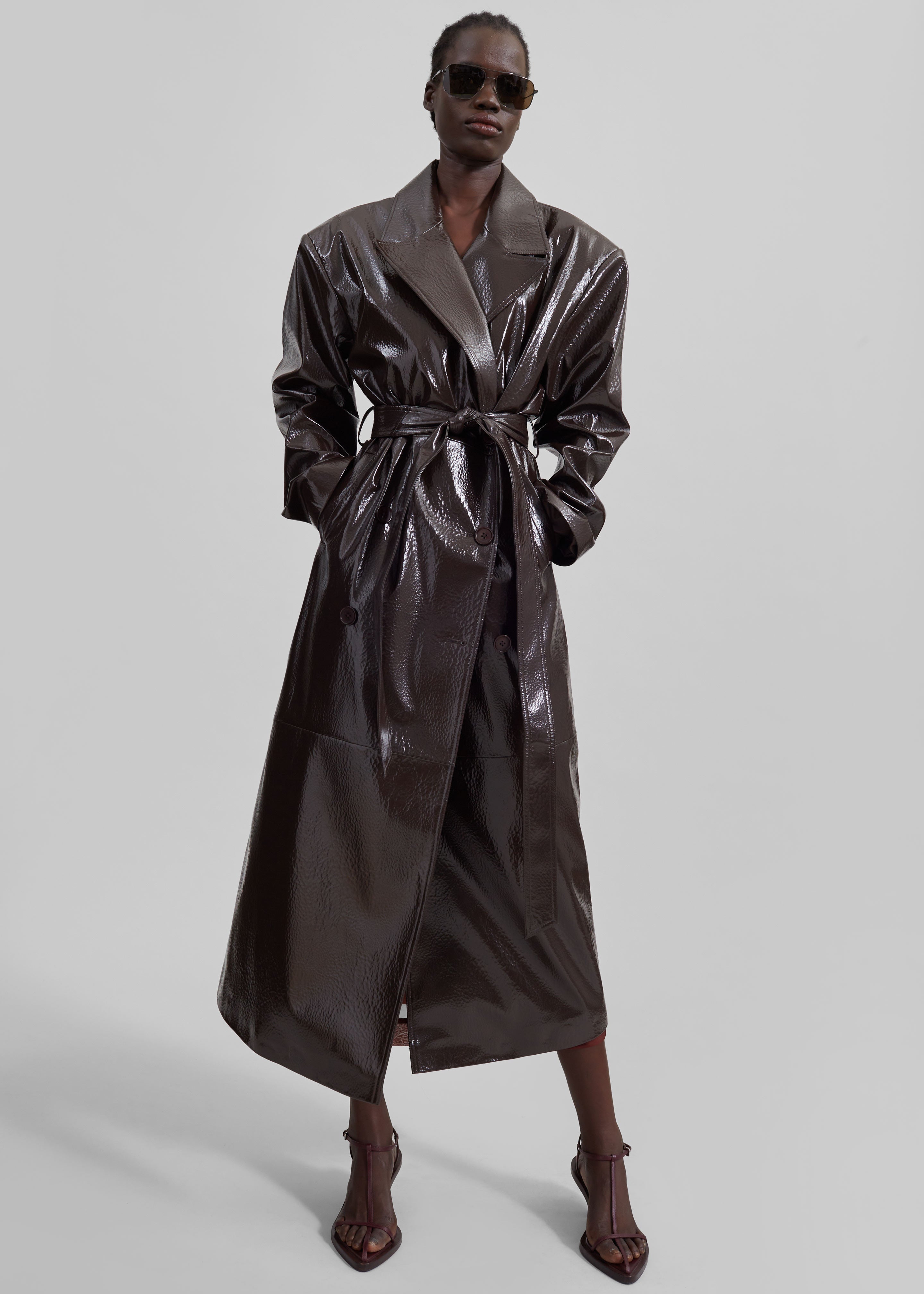 Tina Crackled Faux Leather Trench Coat Brown collections