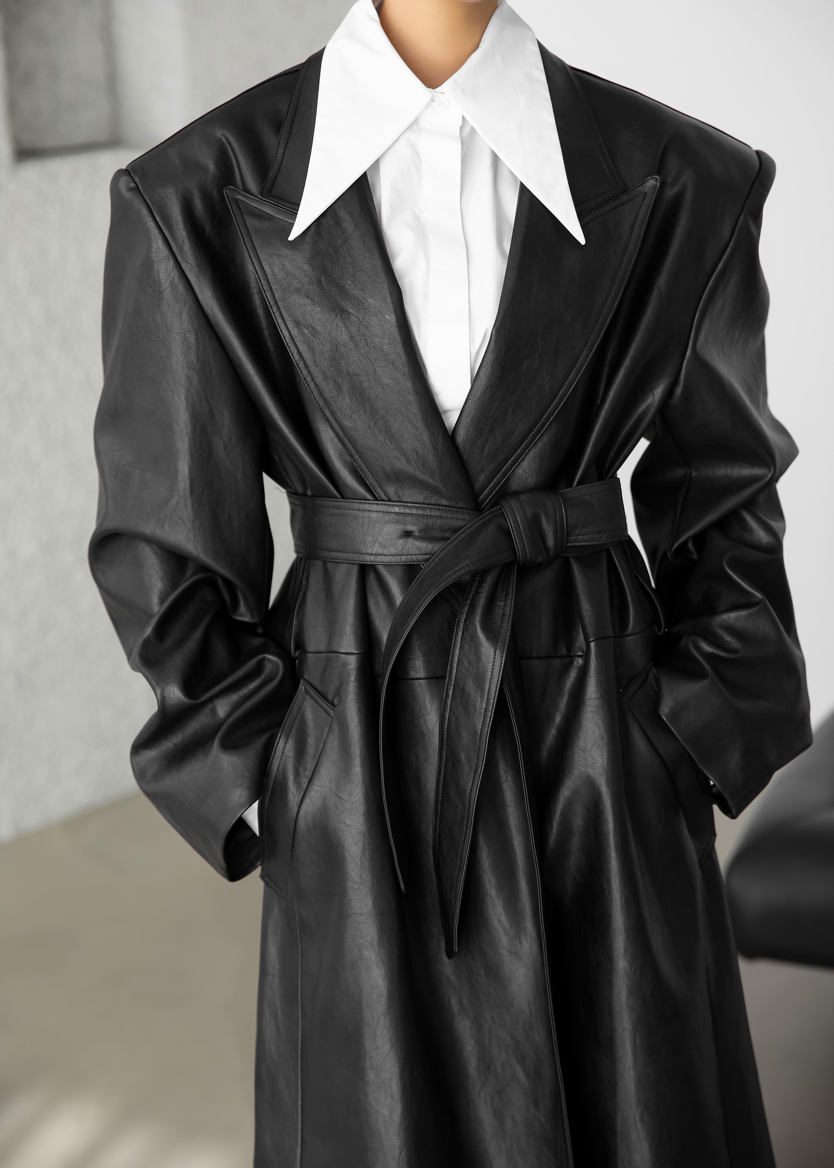 Connie Faux Leather Belted Trench Coat - Black - 7