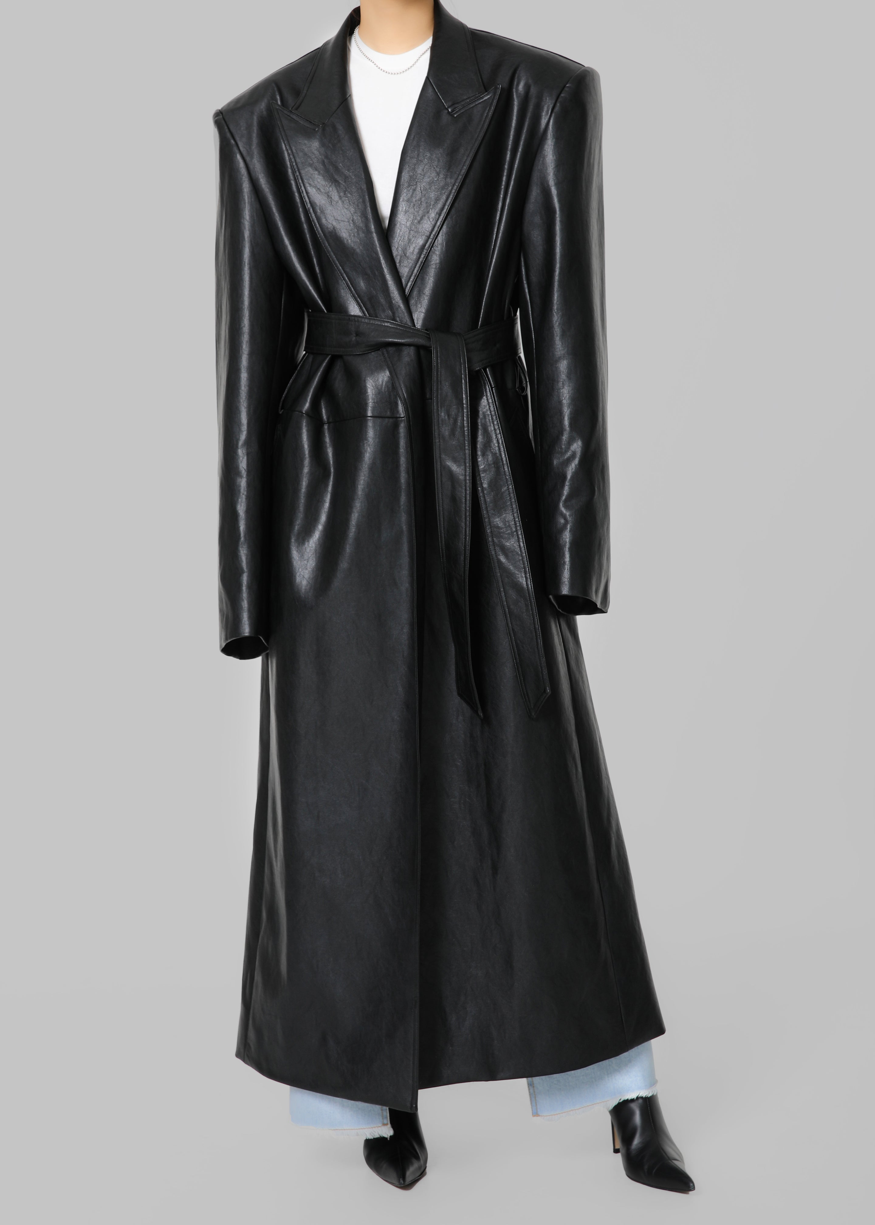 Connie Faux Leather Belted Trench Coat - Black - 3