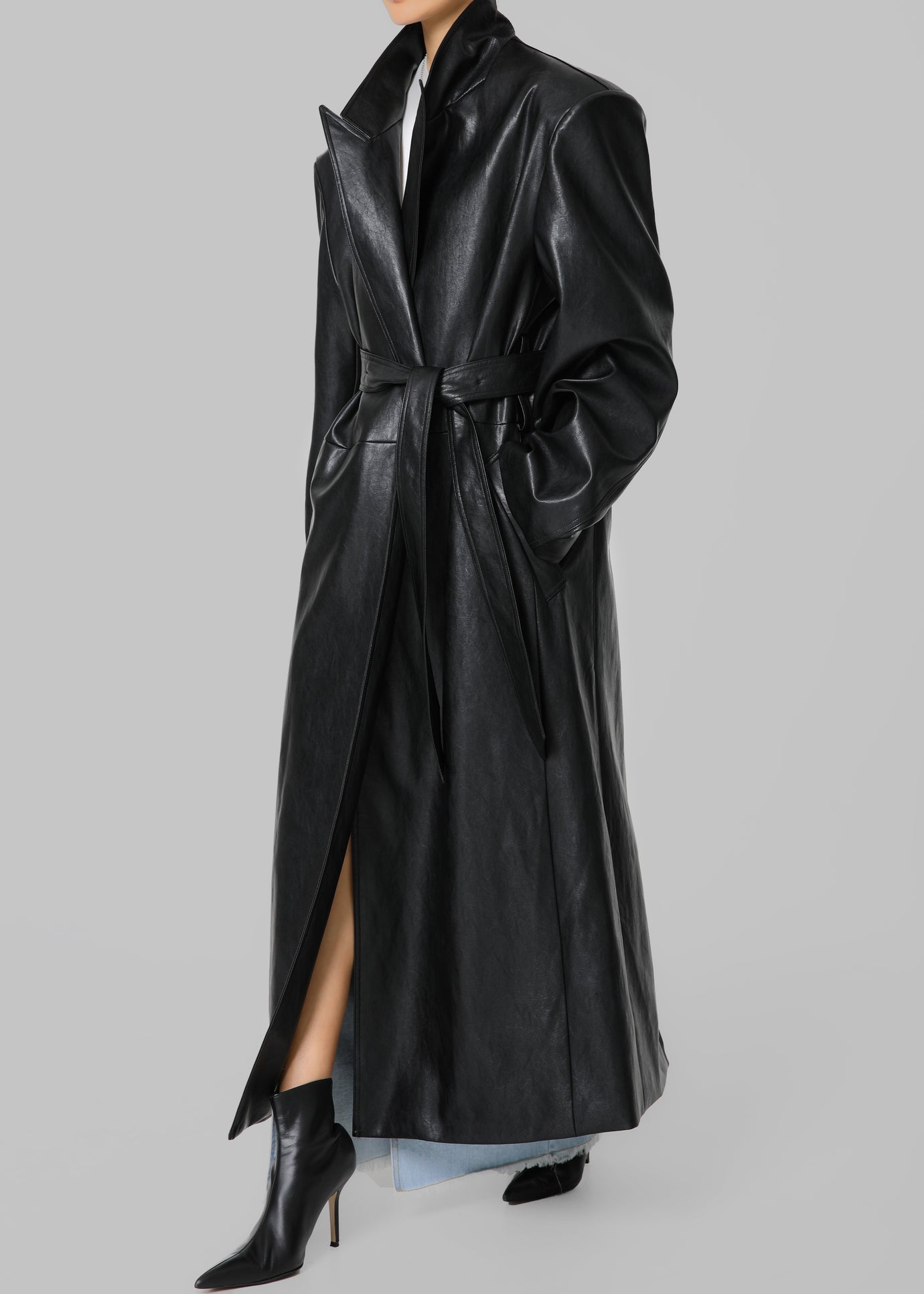 Connie Faux Leather Belted Trench Coat - Black