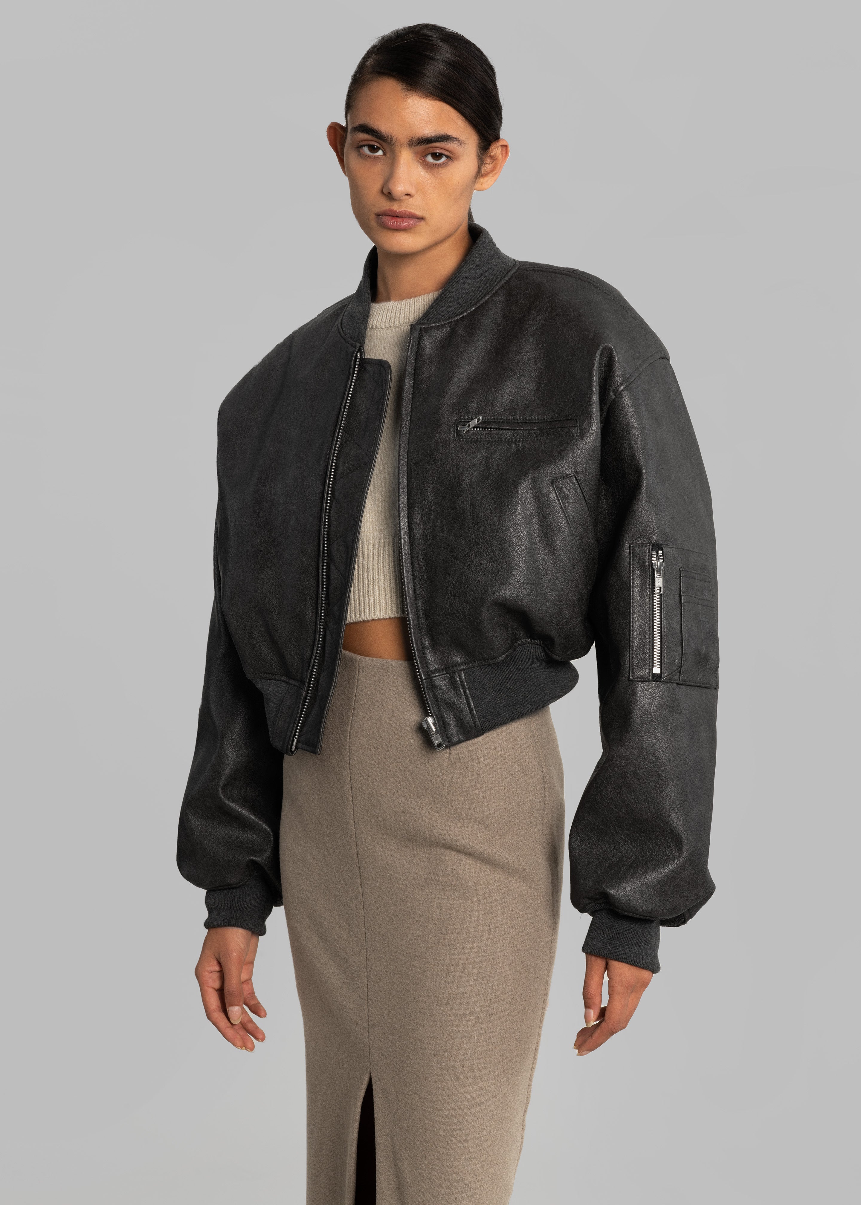 Gae Faux Leather Cropped Bomber - Charcoal - 11