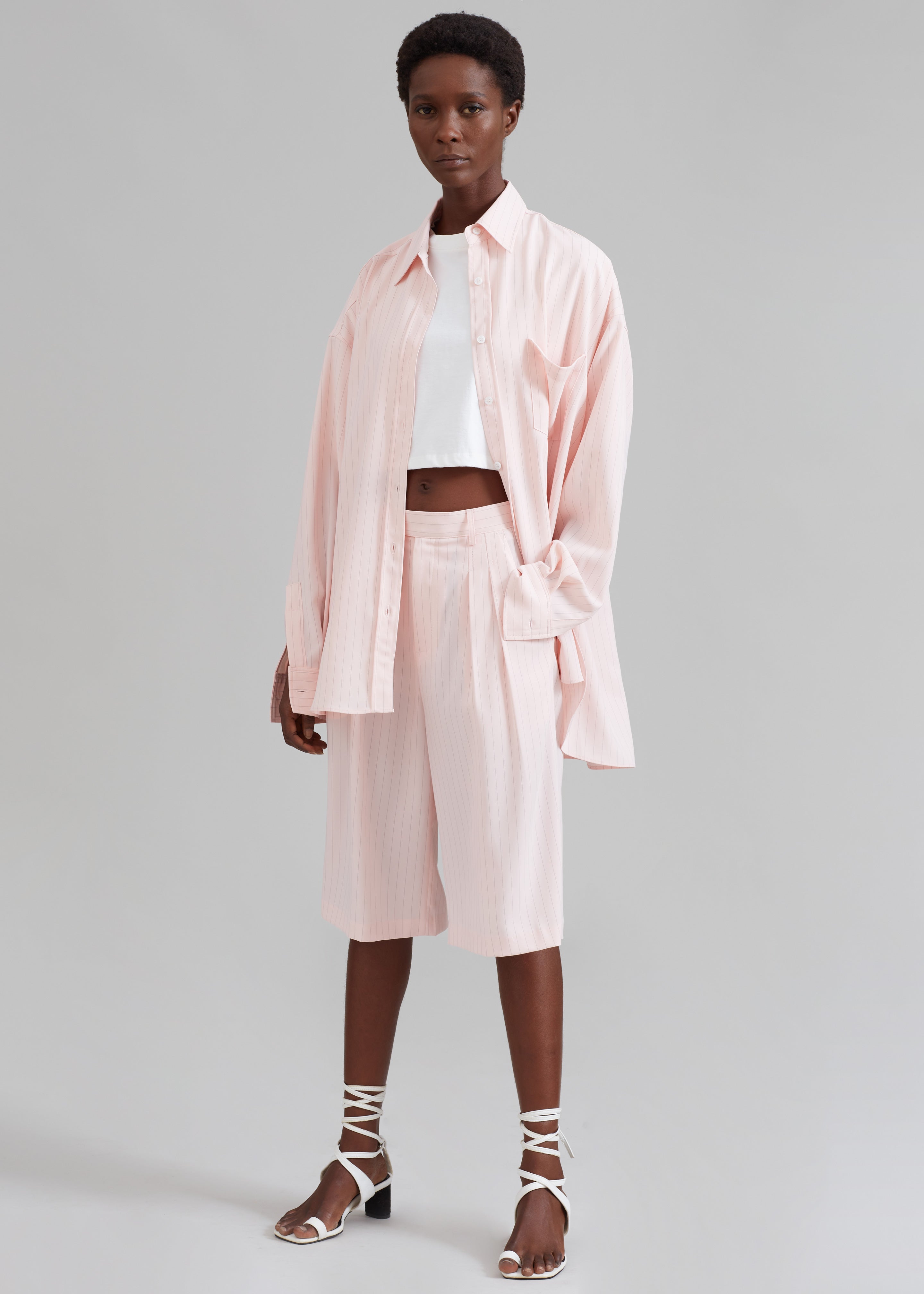 Vivian Fluid Pleated Bermuda Shorts - Pink Pinstripe – The Frankie Shop