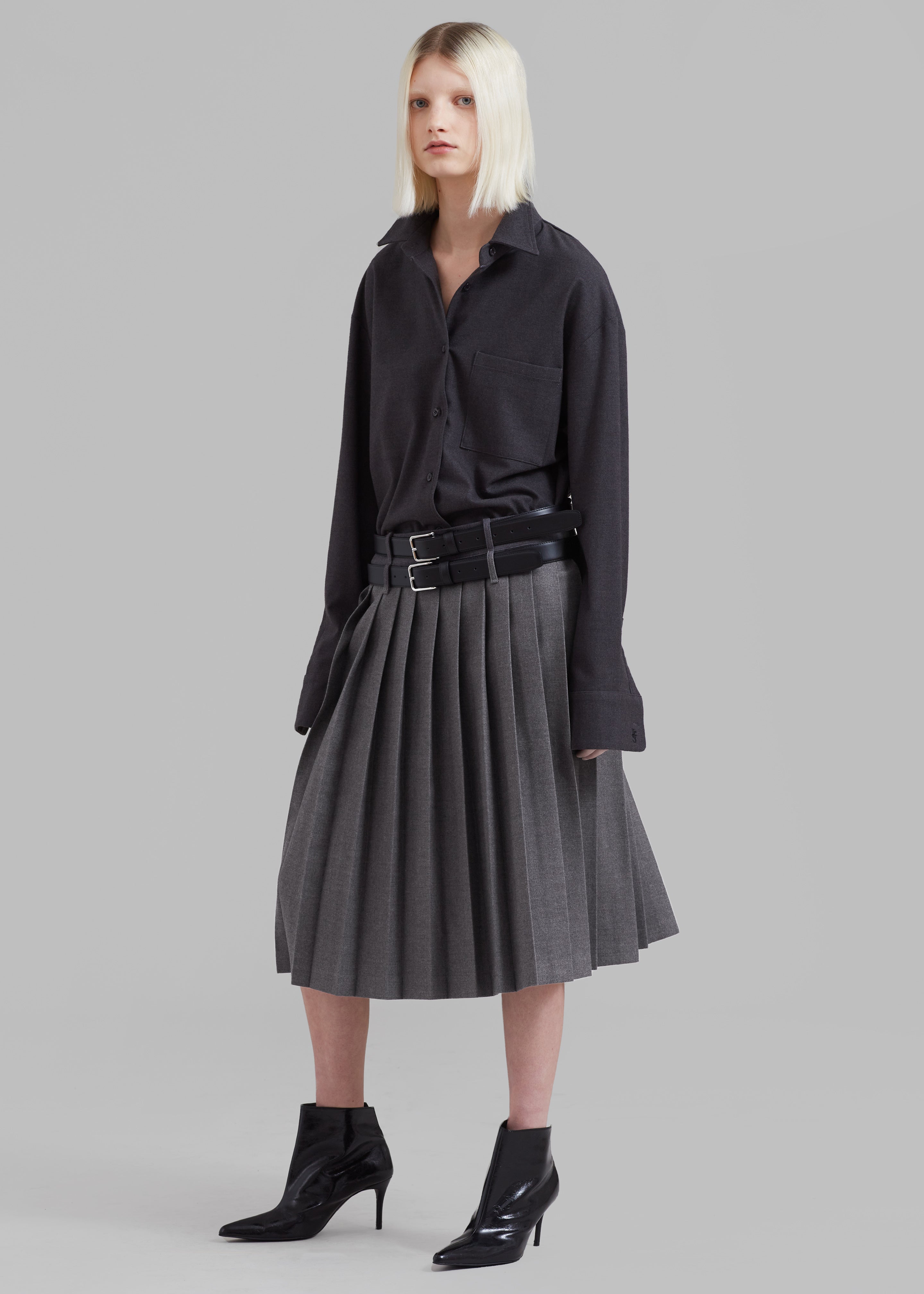 Wednesday Belted Pleated Skirt - Dark Grey Melange - 5