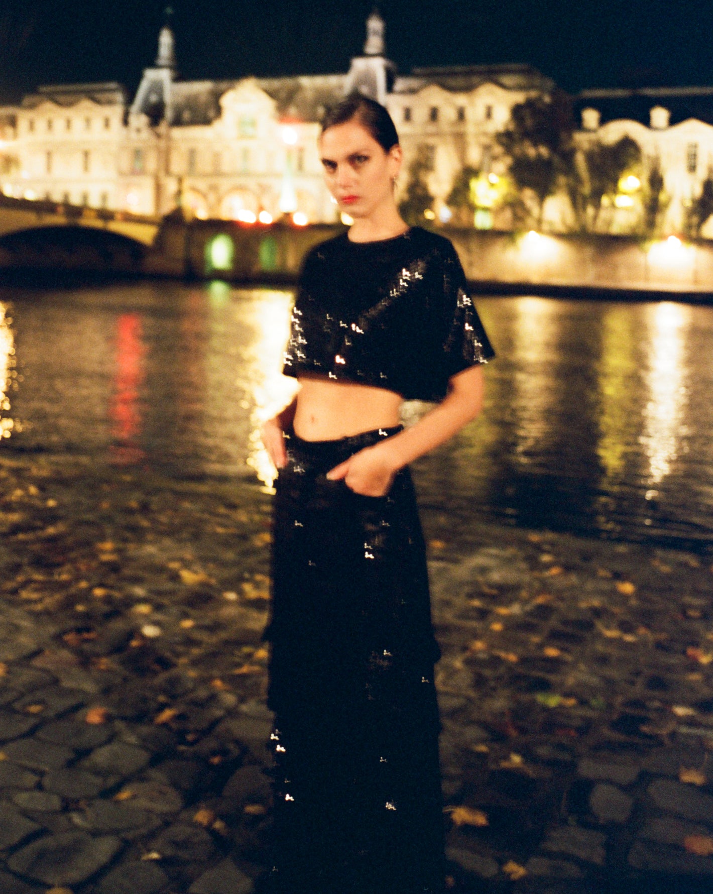 Model photographed in the streets of Paris by Diana Bartlettwearing The Frankie Shop Jerry cropped tee & matching Donna cargos. 