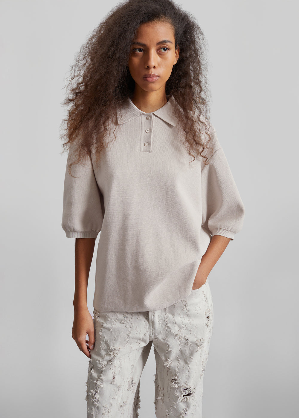 Nola Knit Polo Top - Slate Grey