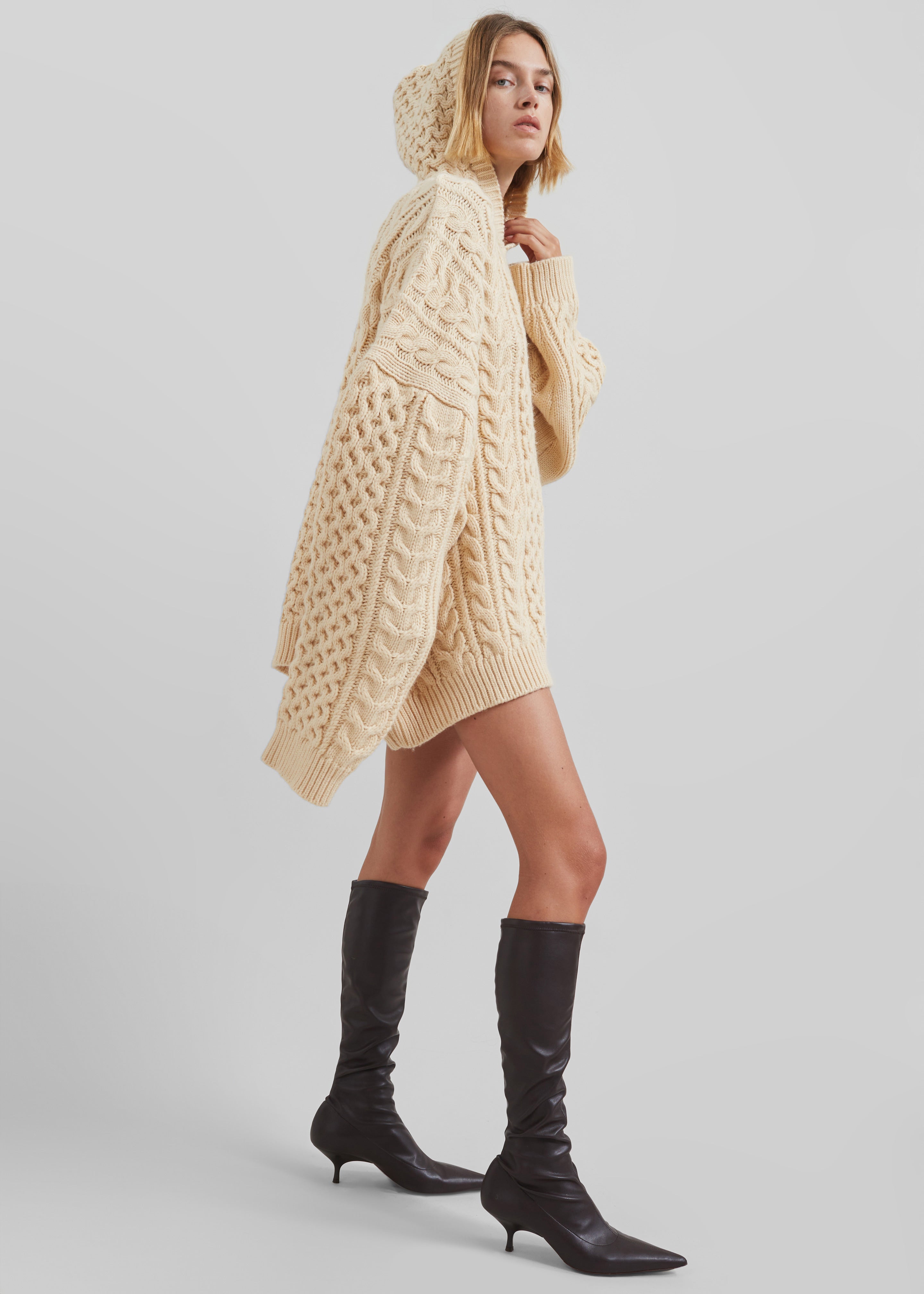 Adare Braided Knit Hoodie - Beige - 1