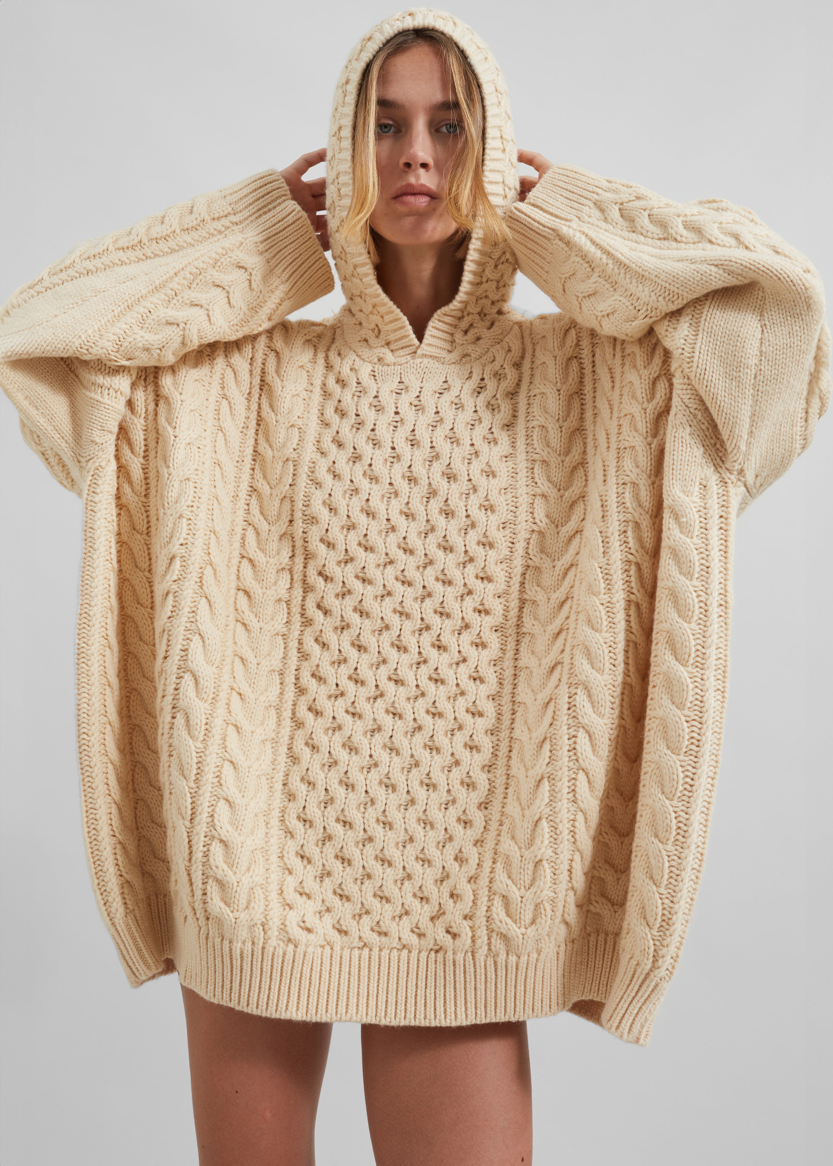 Adare Braided Knit Hoodie - Beige - 2