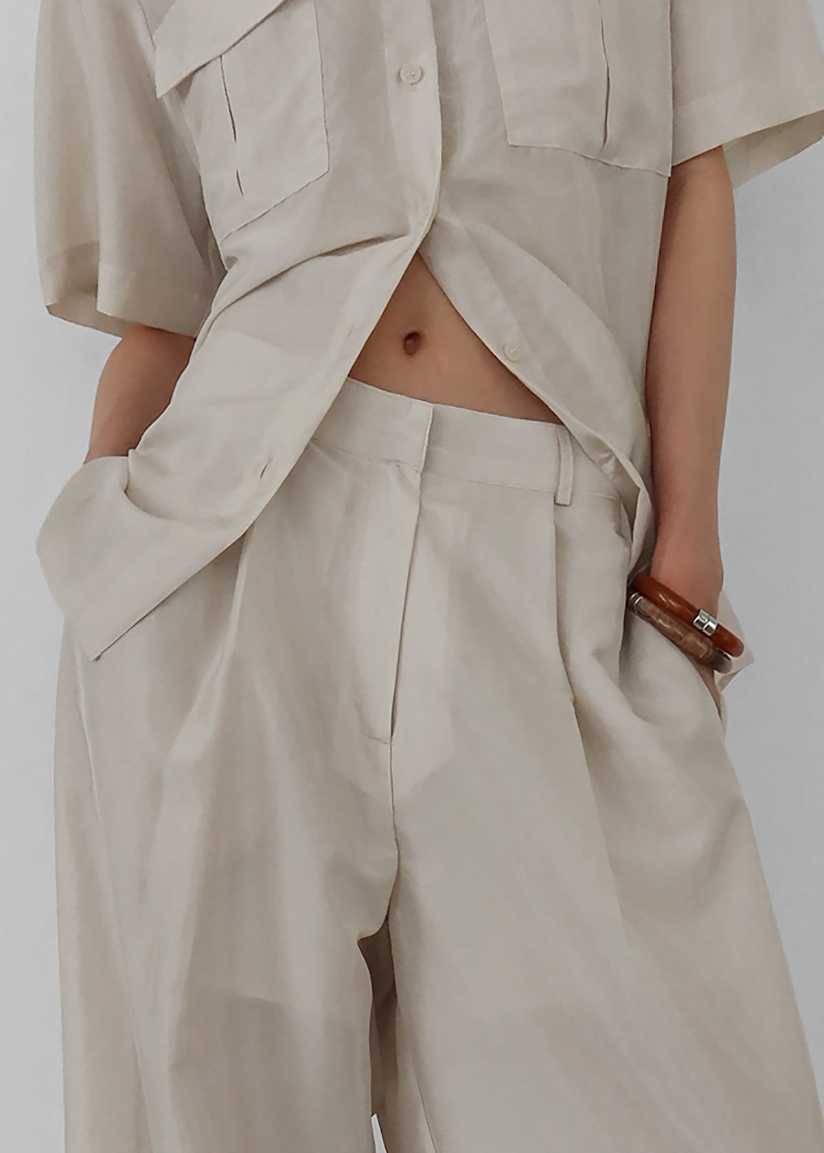 Aduna Satin Pleated Trousers - Light Beige - 4