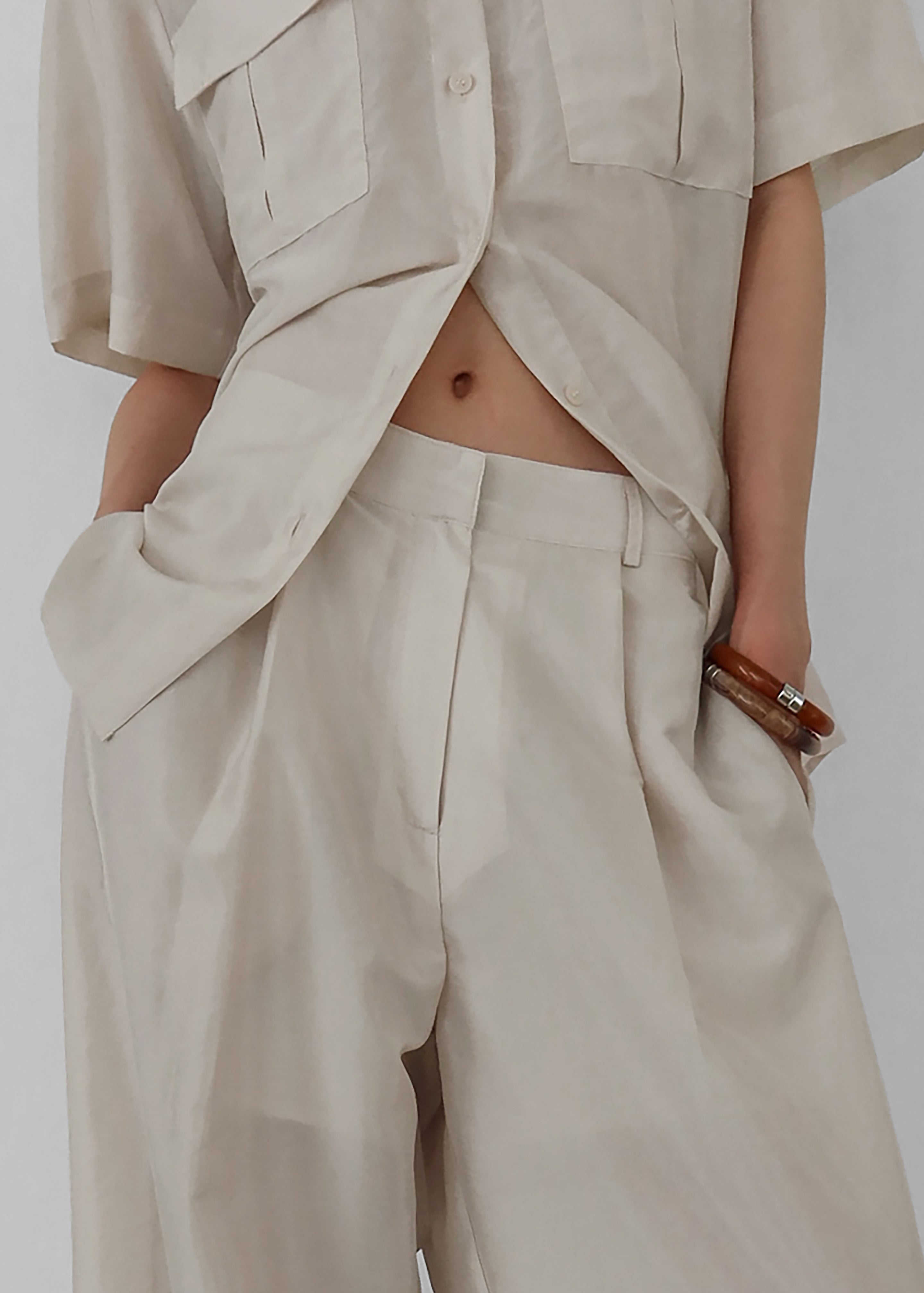 Aduna Satin Pleated Trousers - Light Beige - 4
