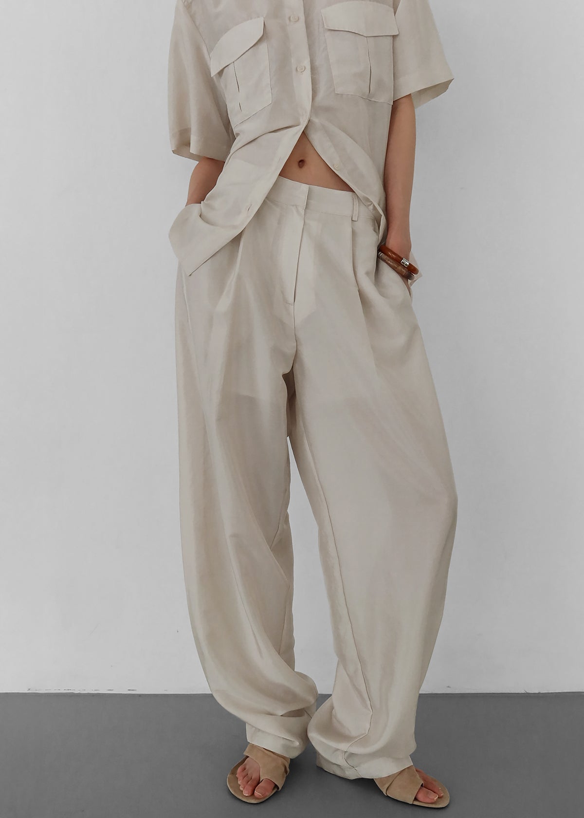 Aduna Satin Pleated Trousers - Light Beige - 2