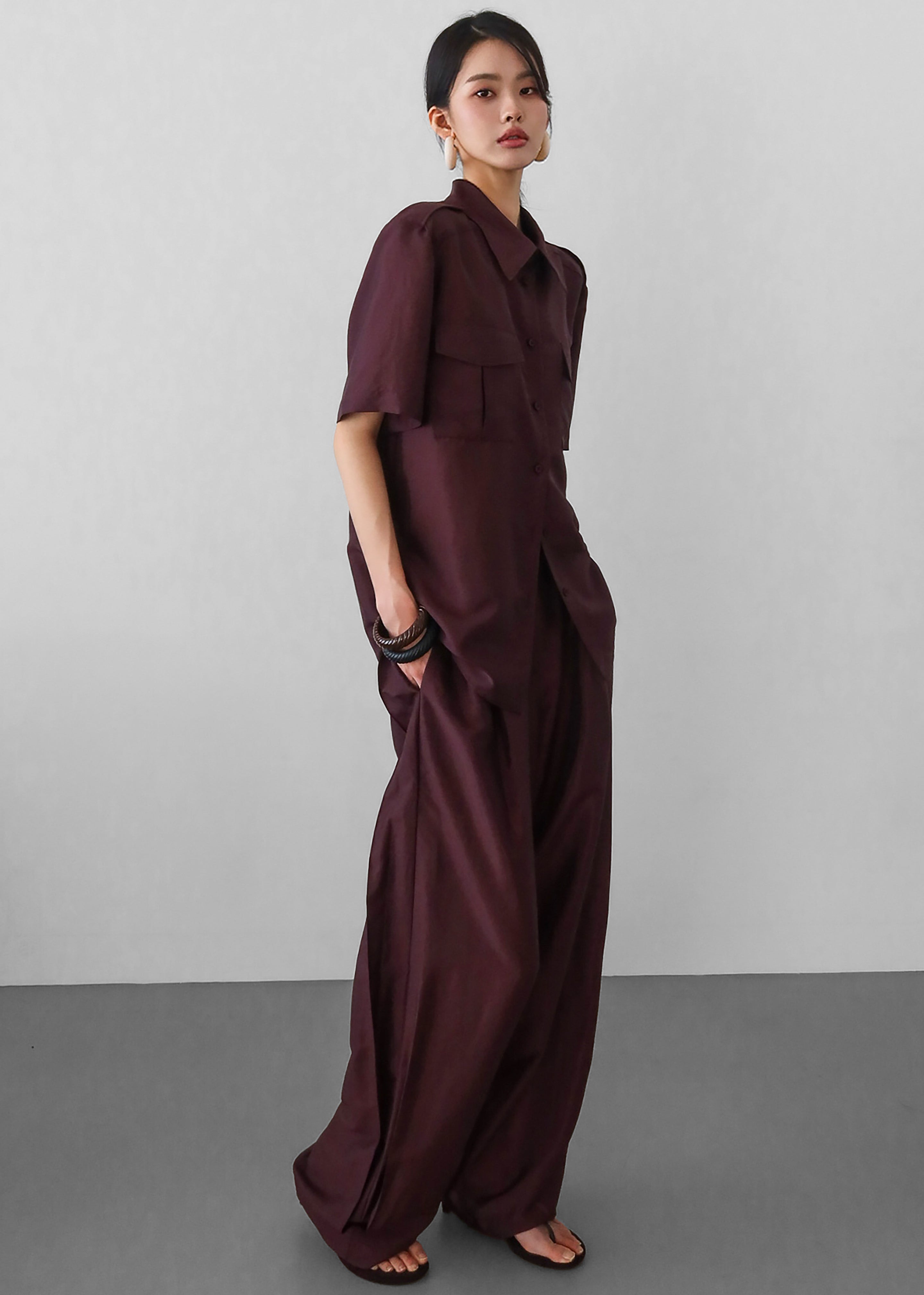 Aduna Satin Utility Shirt - Burgundy