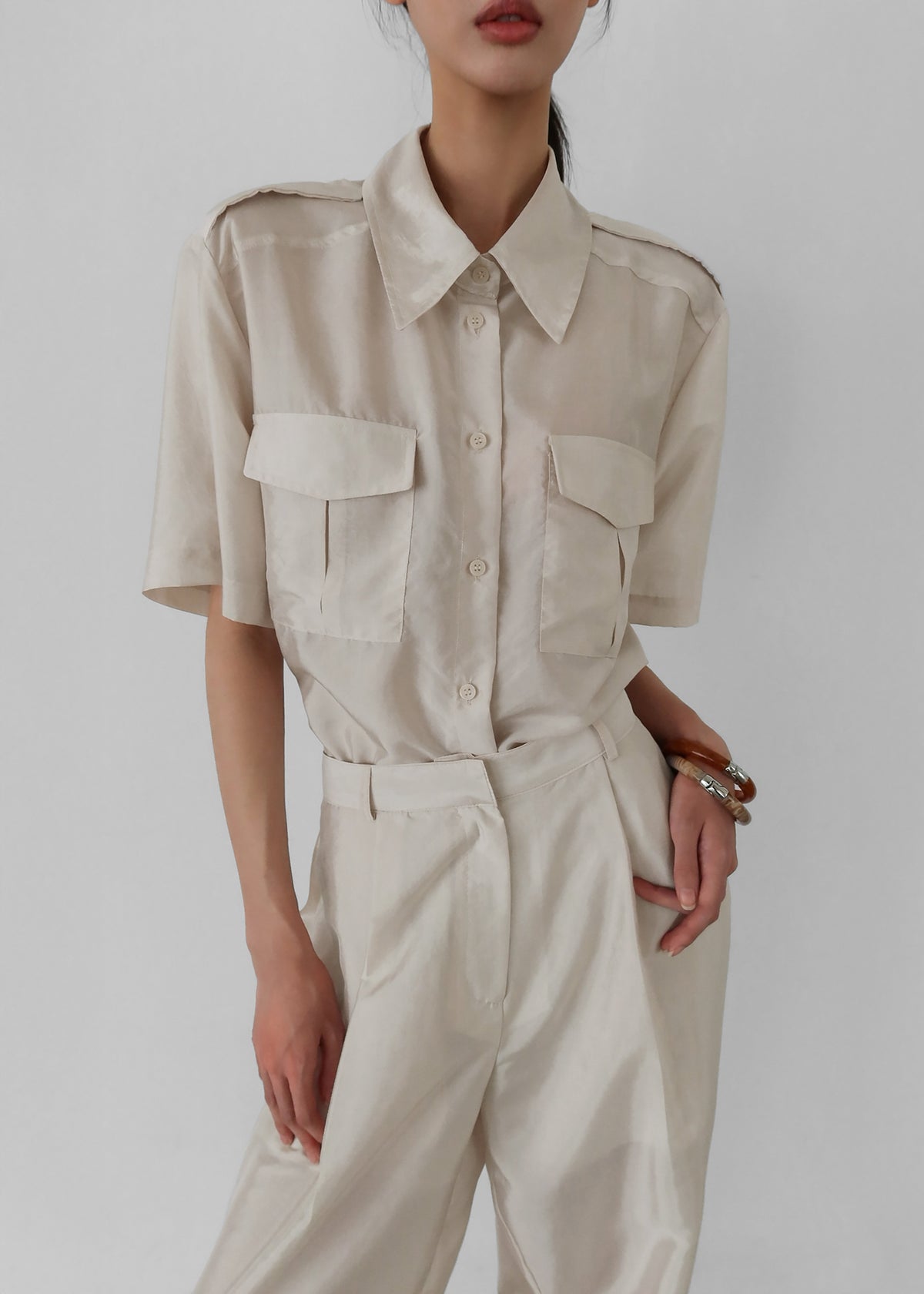 Aduna Satin Utility Shirt - Light Beige - 2