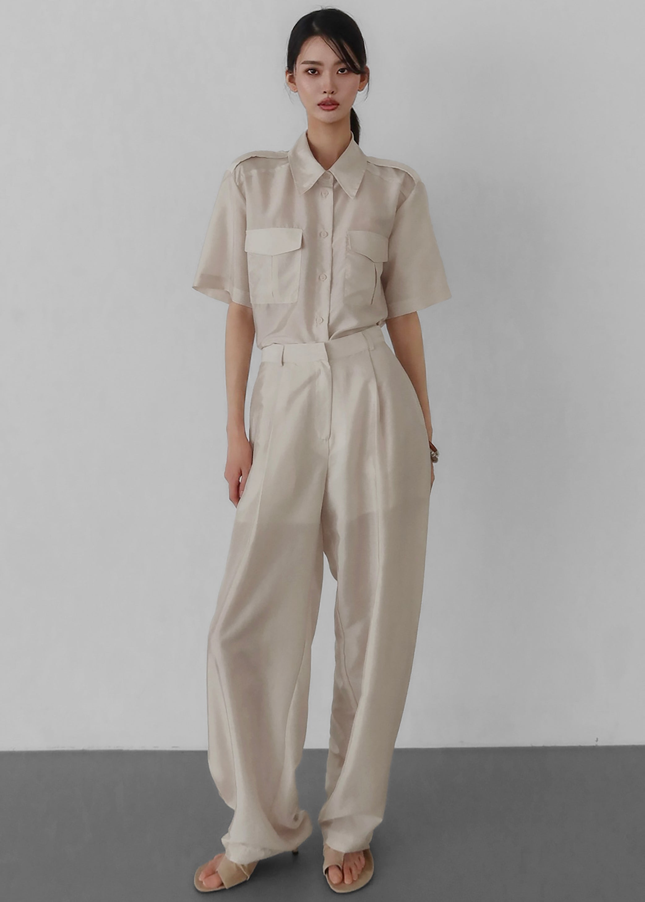 Shop the look image for Aduna Satin Utility Shirt - Light Beige