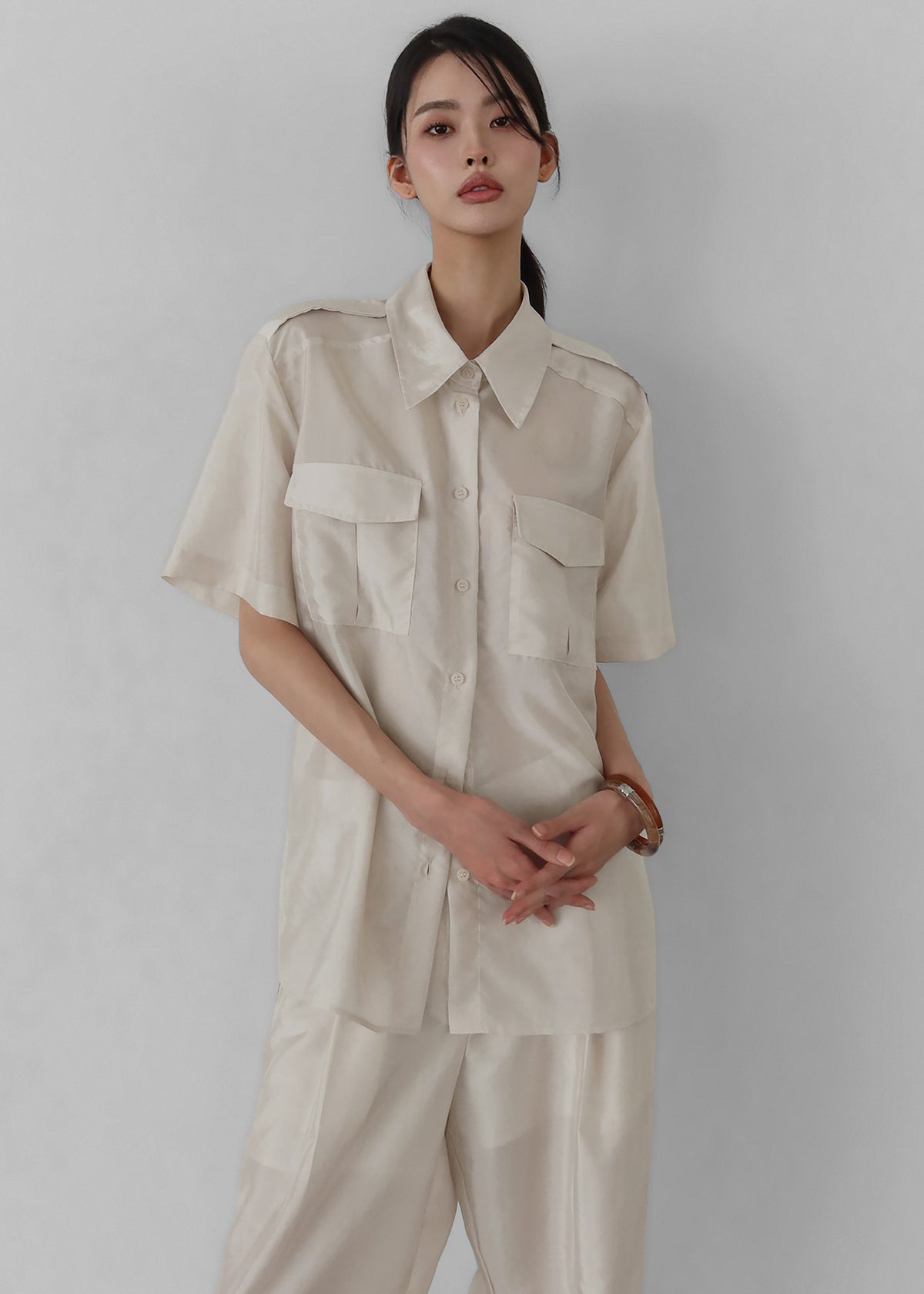Aduna Satin Utility Shirt - Light Beige - 5
