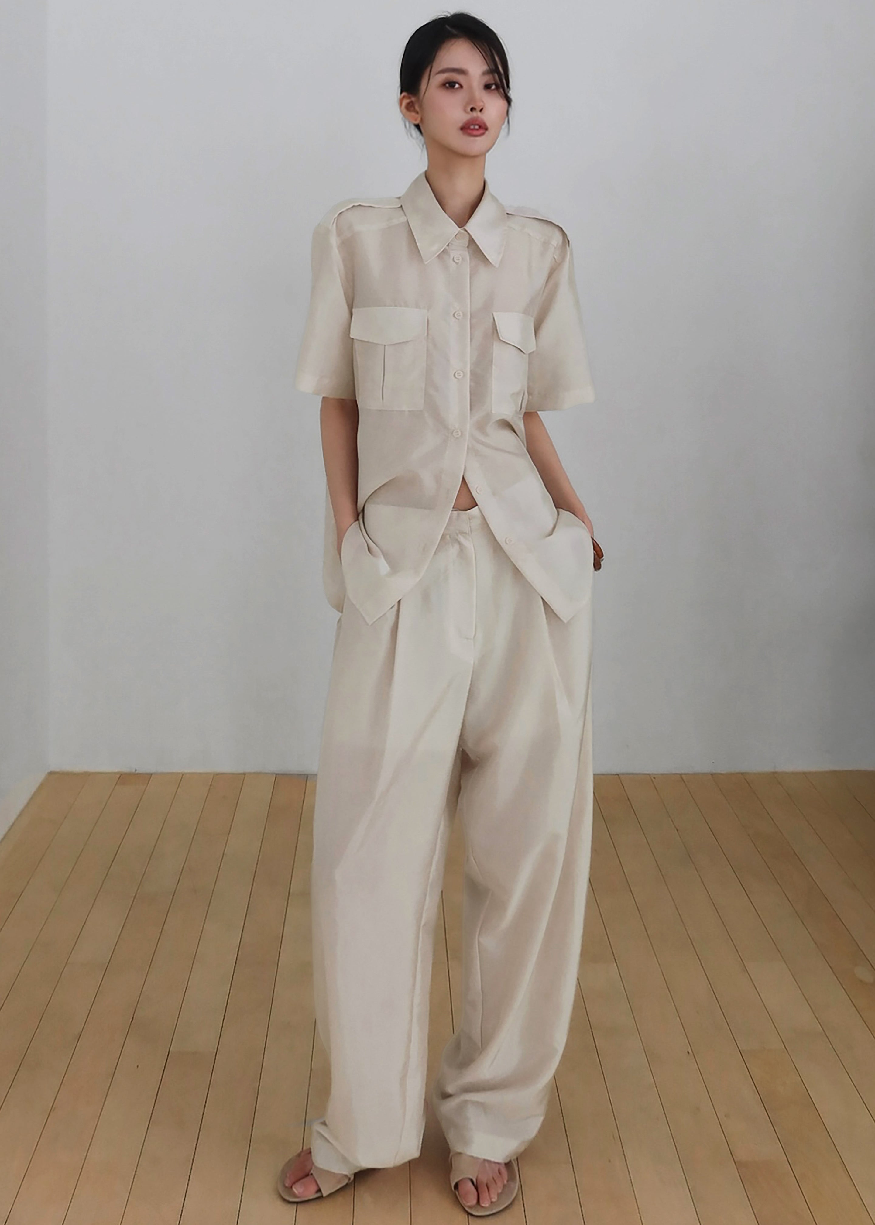 Aduna Satin Utility Shirt - Light Beige - 7