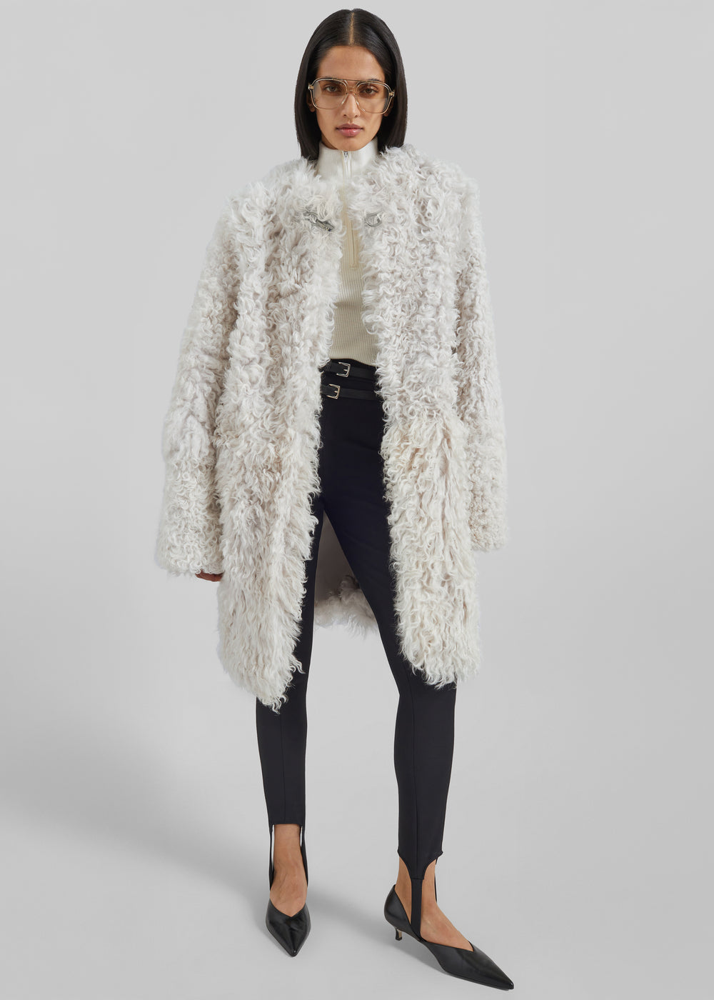 Aida Fur Collarless Short Coat - Ivory - 1