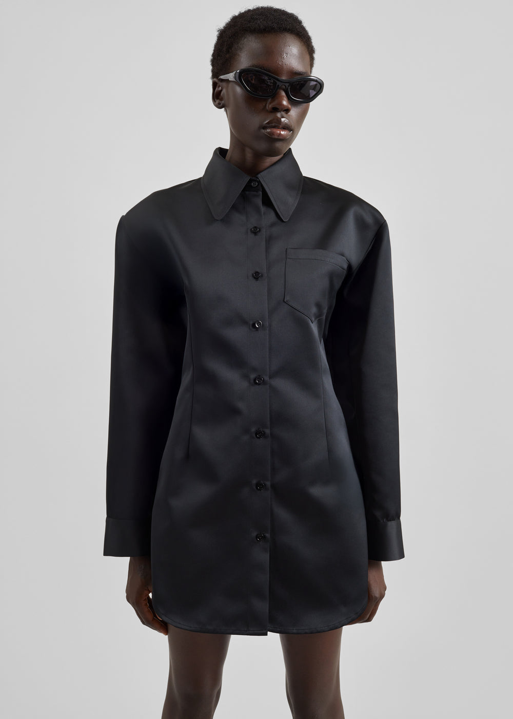 Akita Satin Cinched Shirt Dress - Black