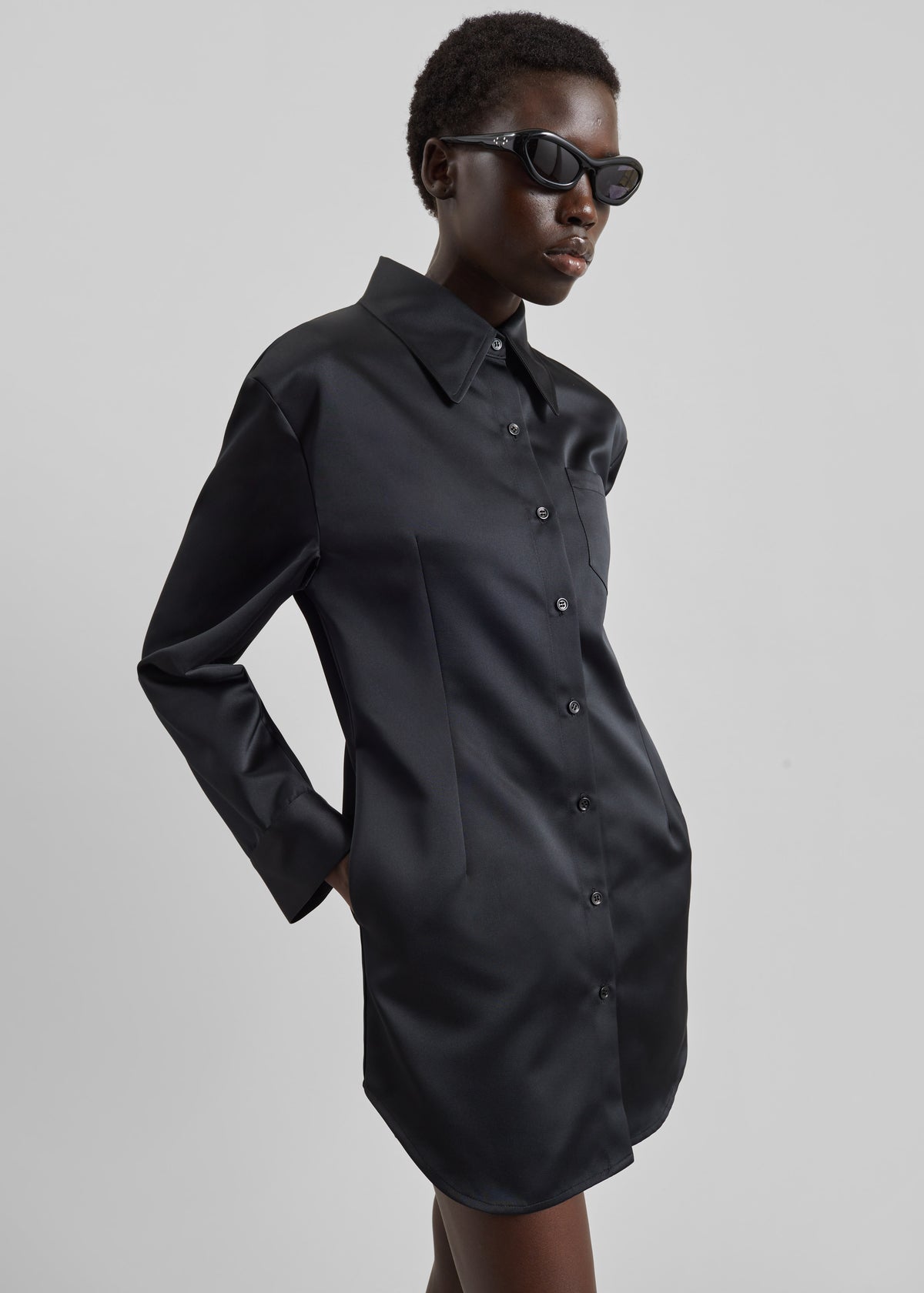 Akita Satin Cinched Shirt Dress - Black - 4