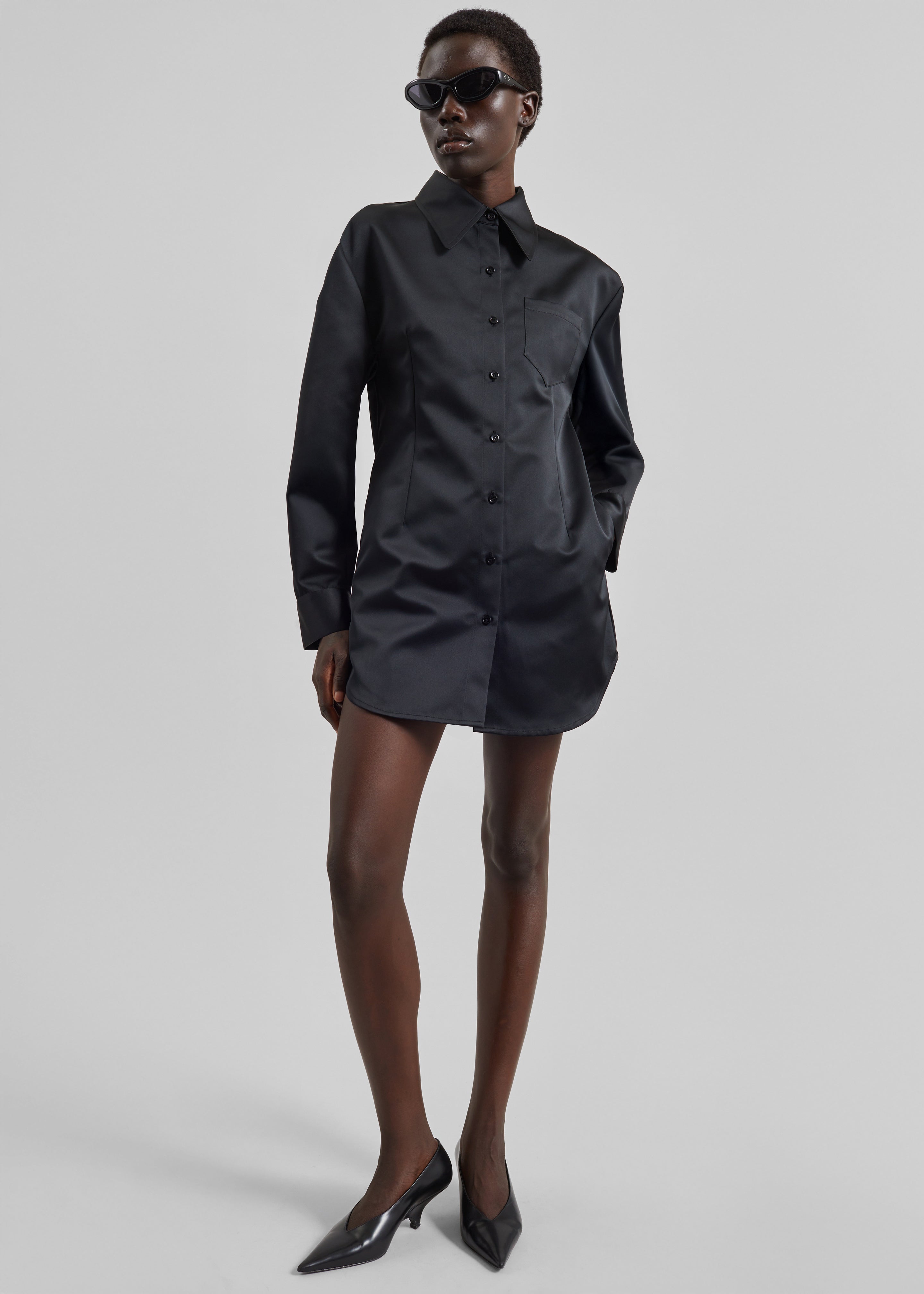 Akita Satin Cinched Shirt Dress - Black - 3