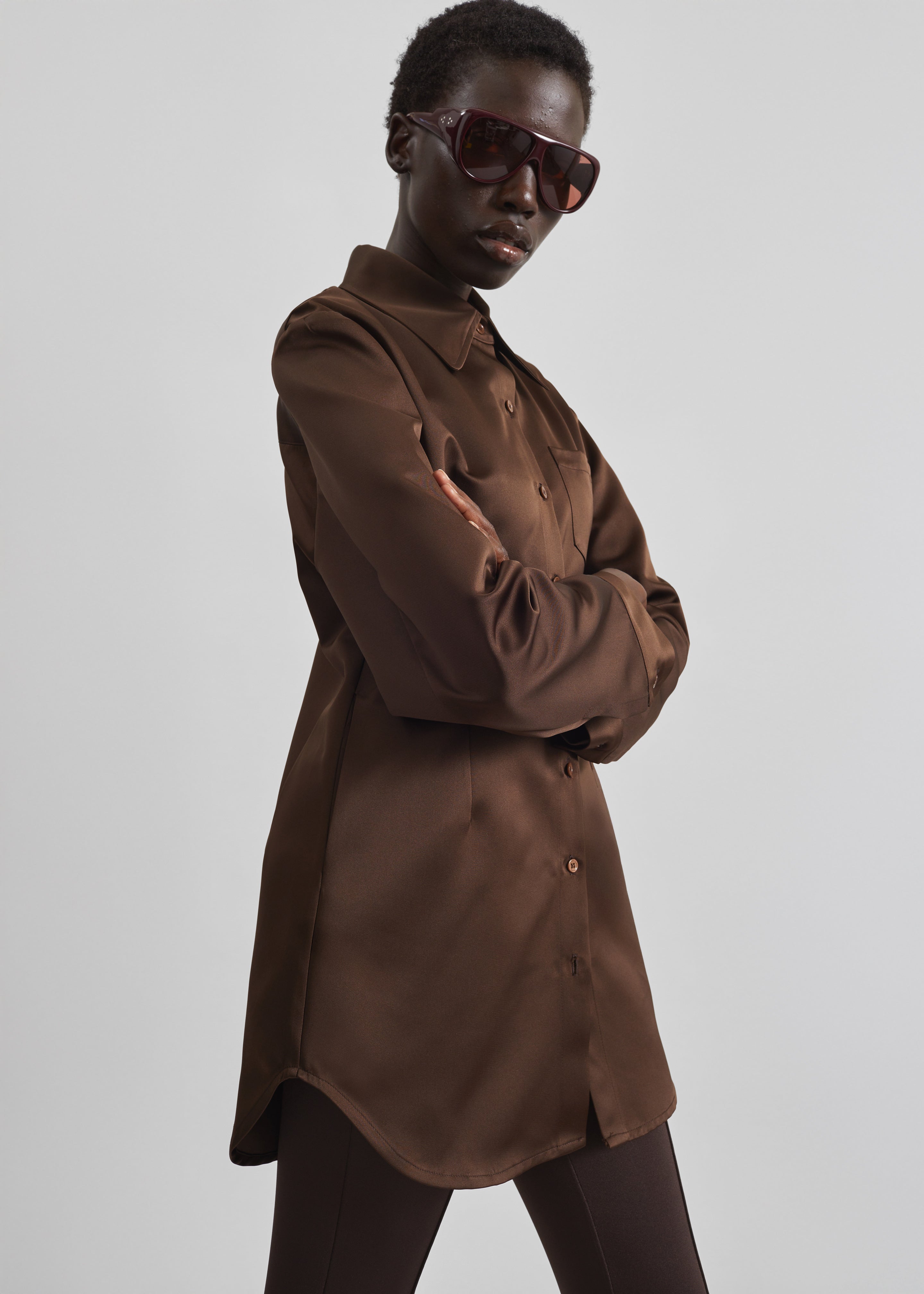 Akita Satin Cinched Shirt Dress - Brown - 5