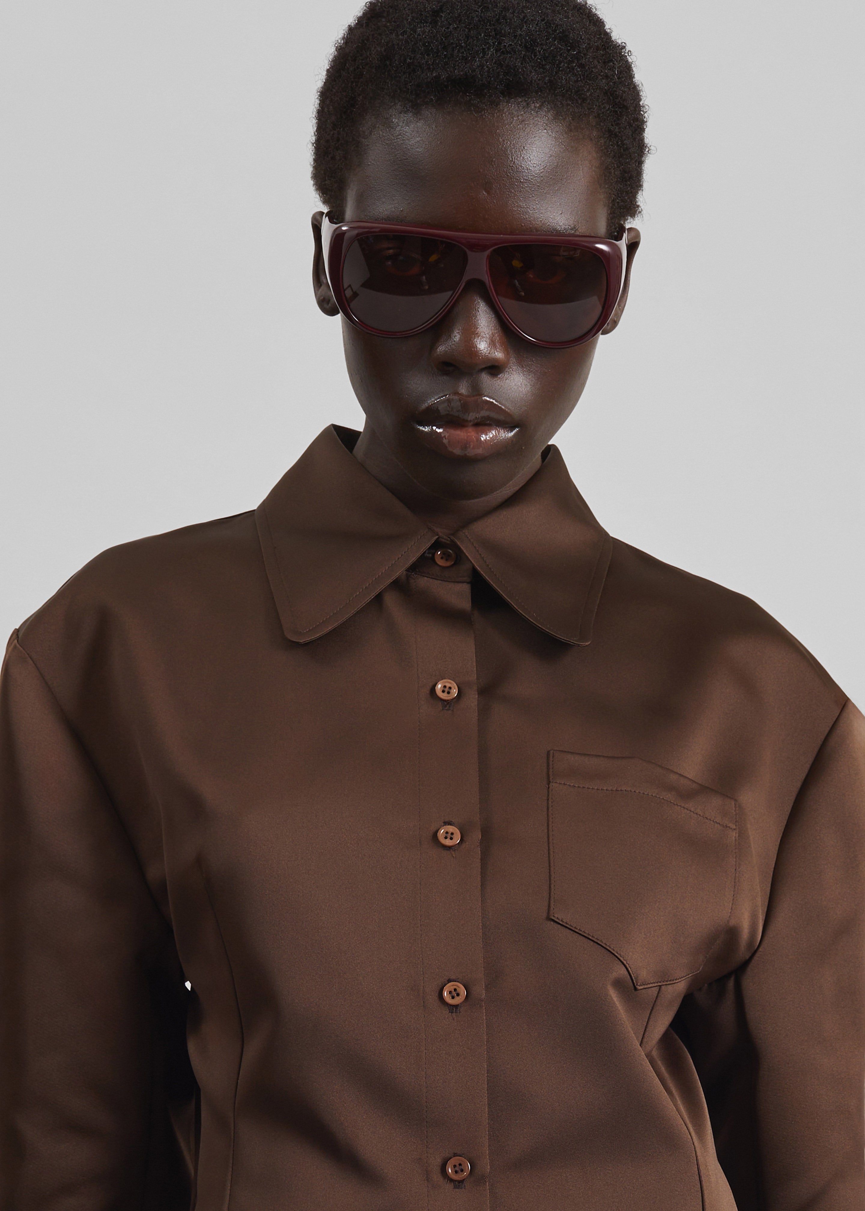 Akita Satin Cinched Shirt Dress - Brown - 4