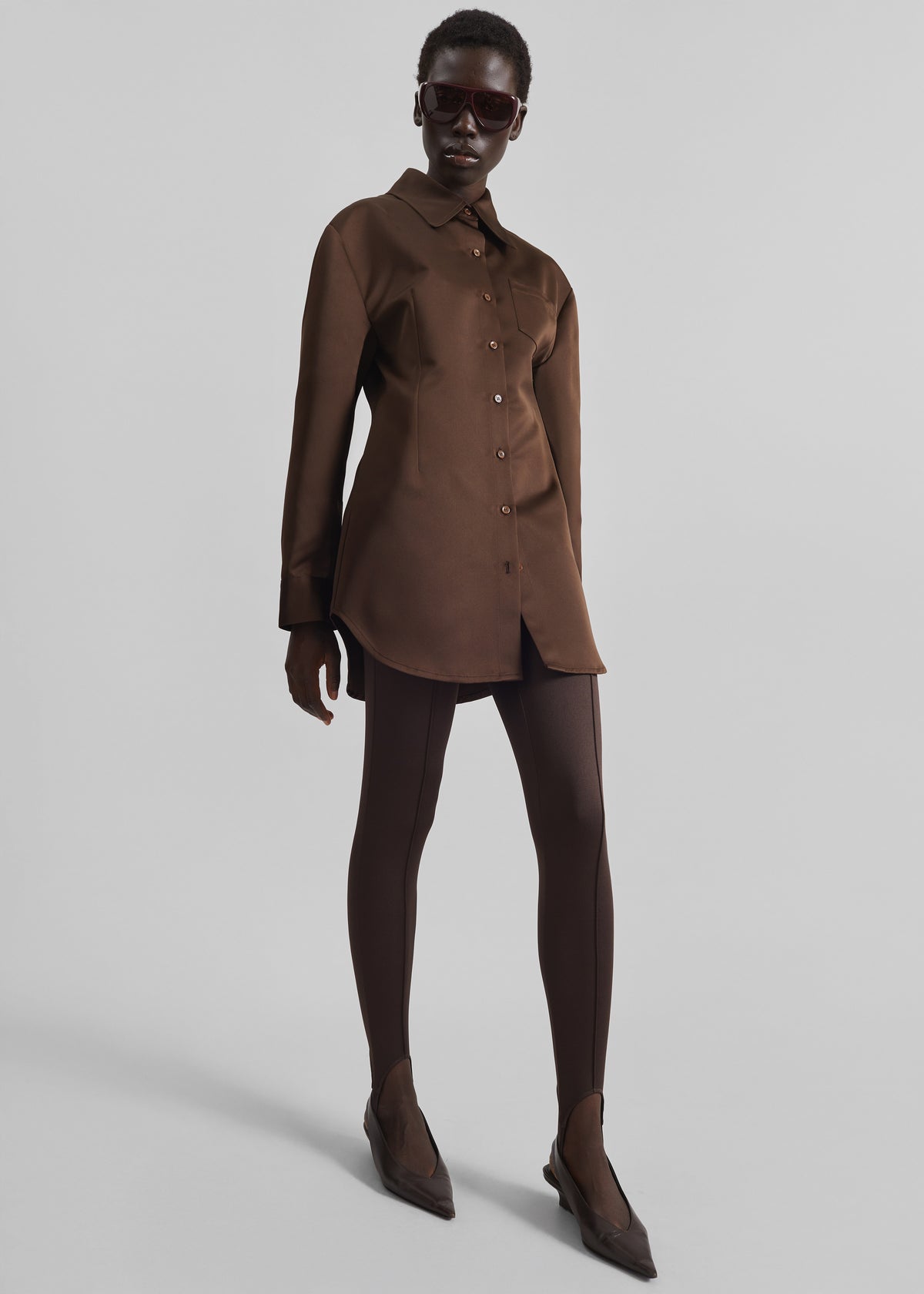 Akita Satin Cinched Shirt Dress - Brown - 3