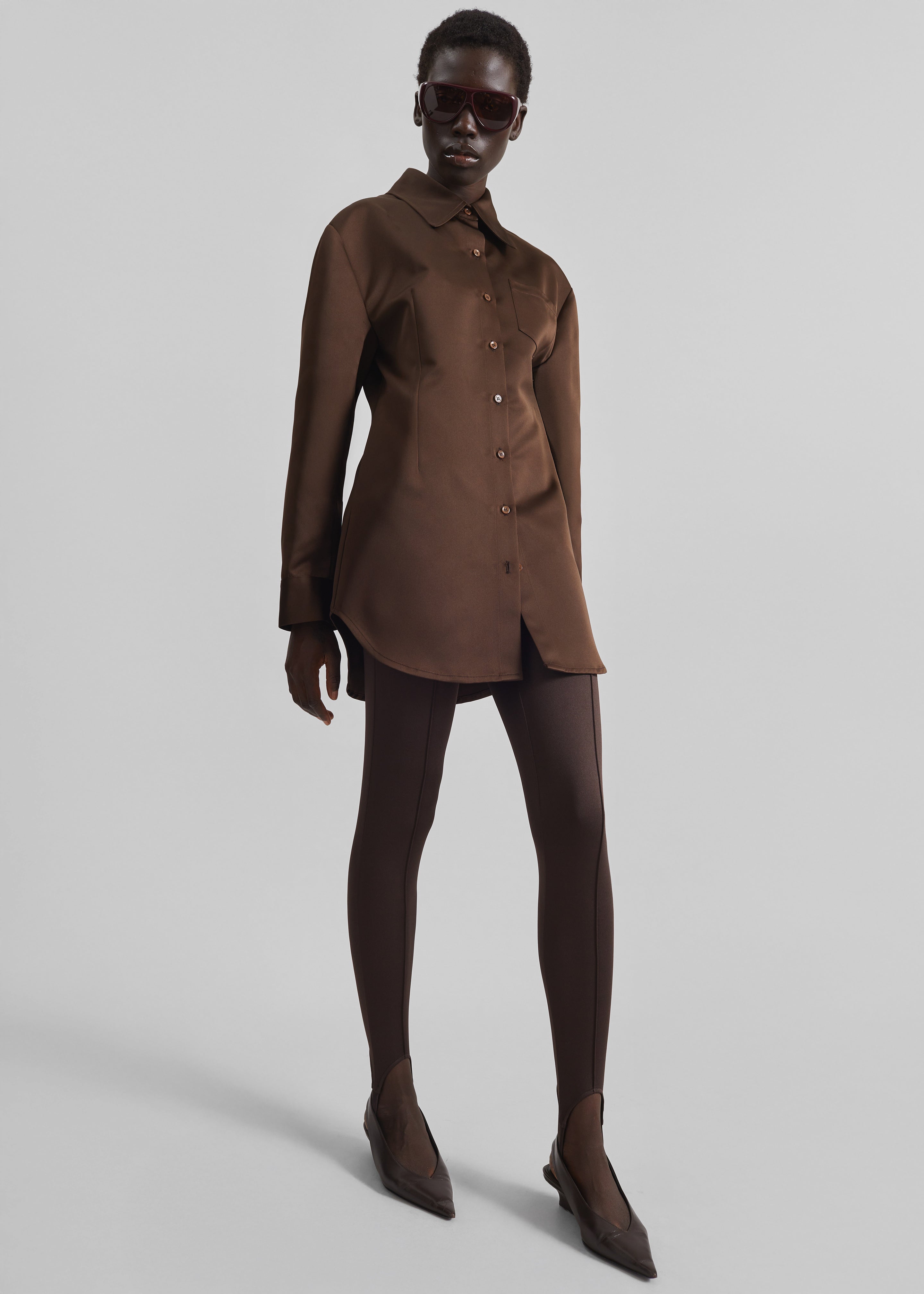 Akita Satin Cinched Shirt Dress - Brown - 3