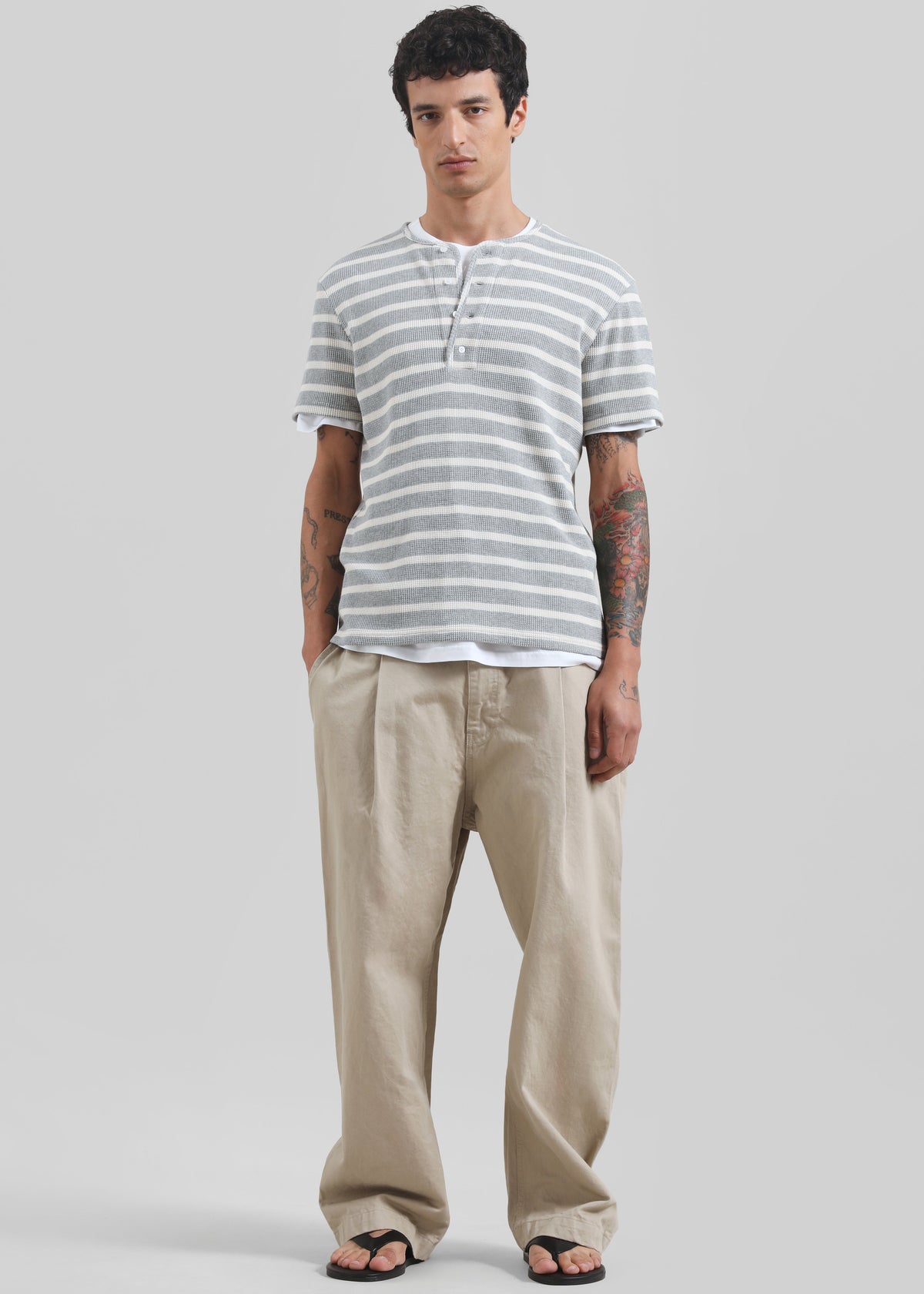 Albury Ribbed Cotton Henley T-Shirt - Grey/White Stripe - 3