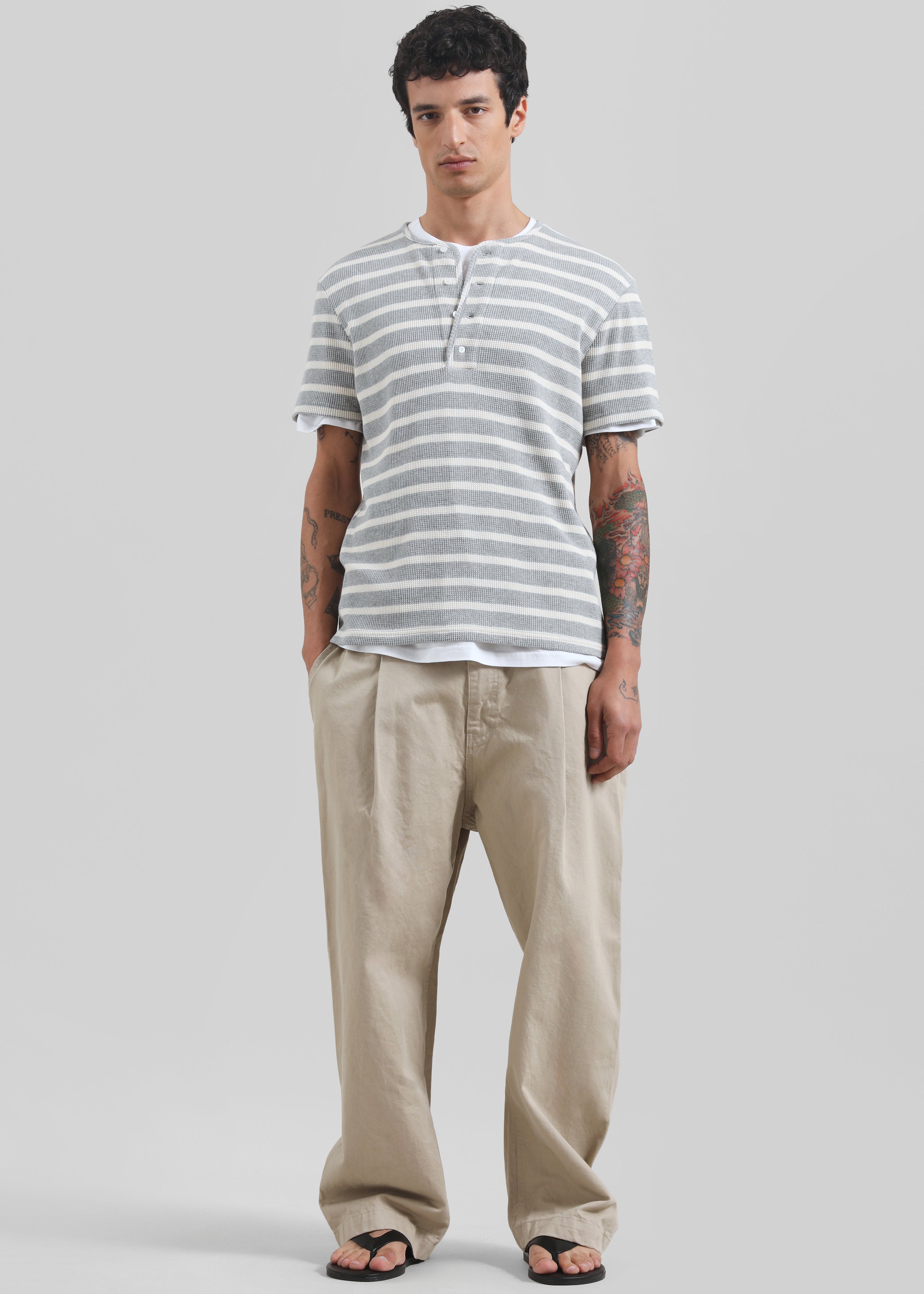 Albury Ribbed Cotton Henley T-Shirt - Grey/White Stripe - 3