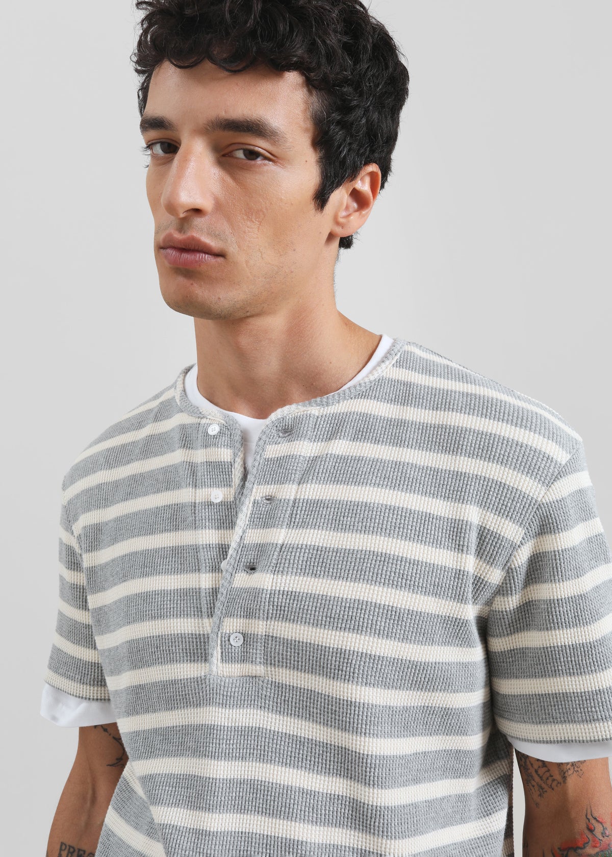 Albury Ribbed Cotton Henley T-Shirt - Grey/White Stripe - 2