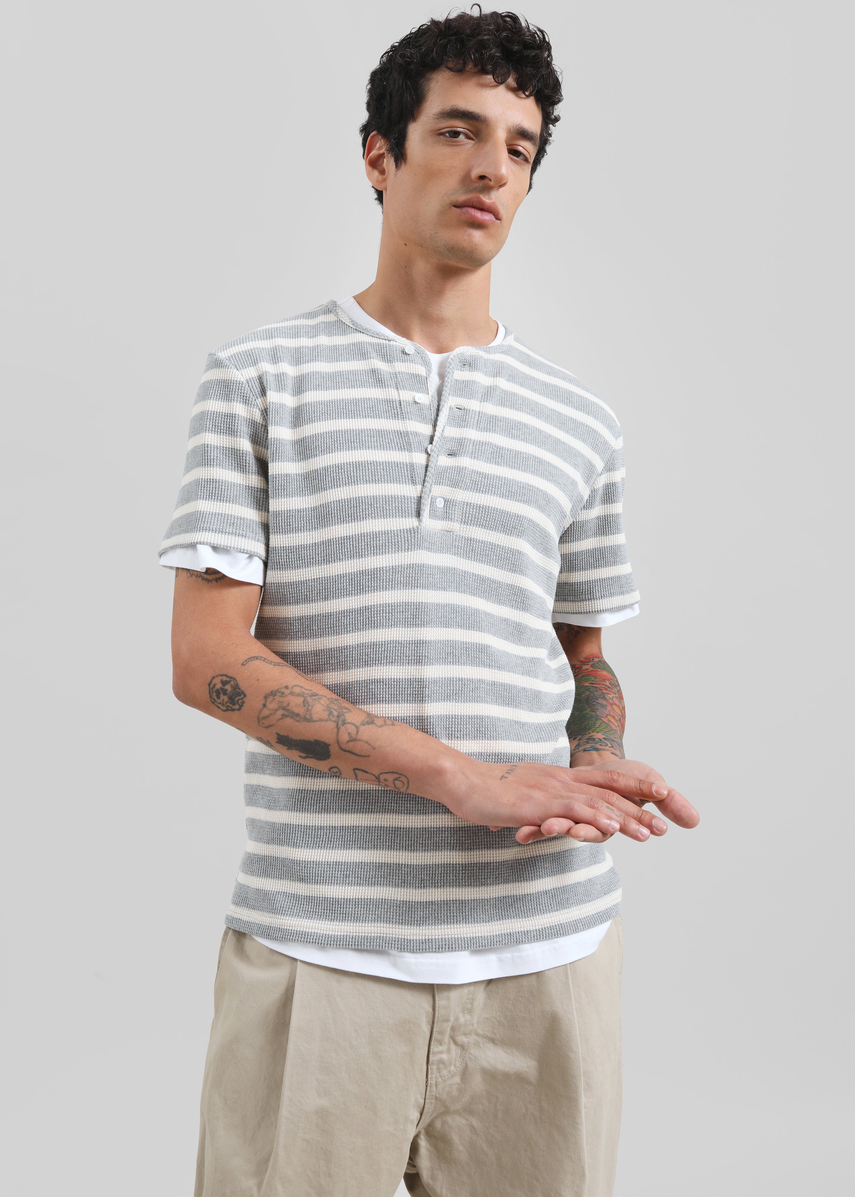 Albury Ribbed Cotton Henley T-Shirt - Grey/White Stripe - 4
