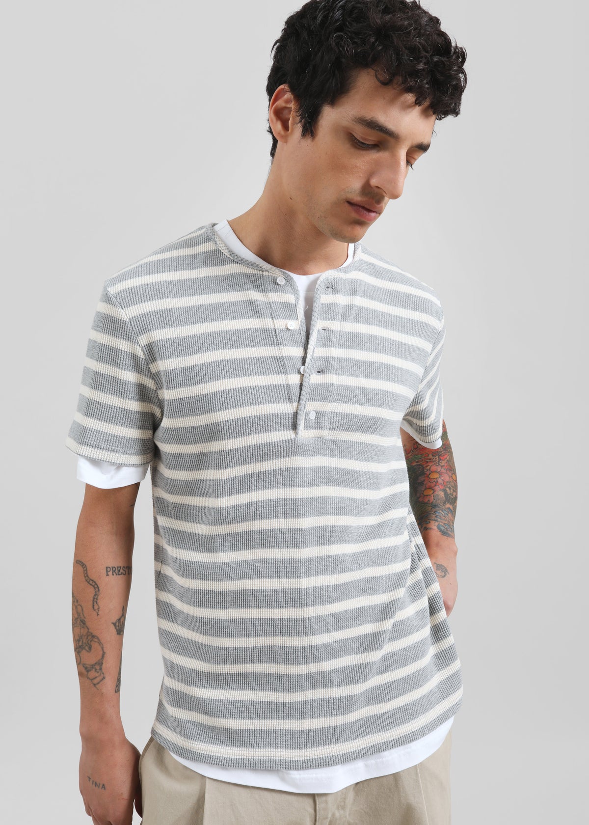 Albury Ribbed Cotton Henley T-Shirt - Grey/White Stripe - 1