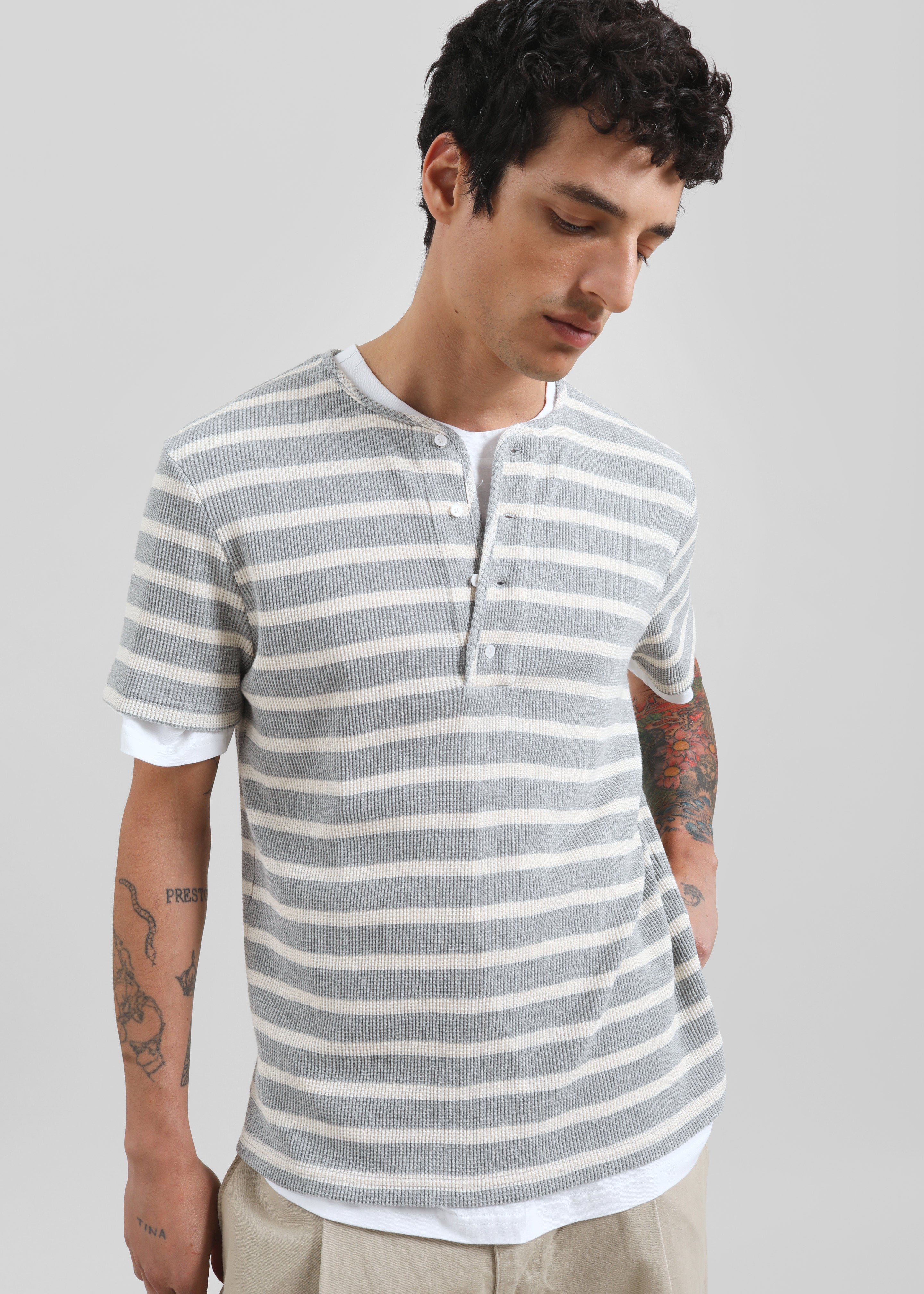 Albury Ribbed Cotton Henley T-Shirt - Grey/White Stripe - 1
